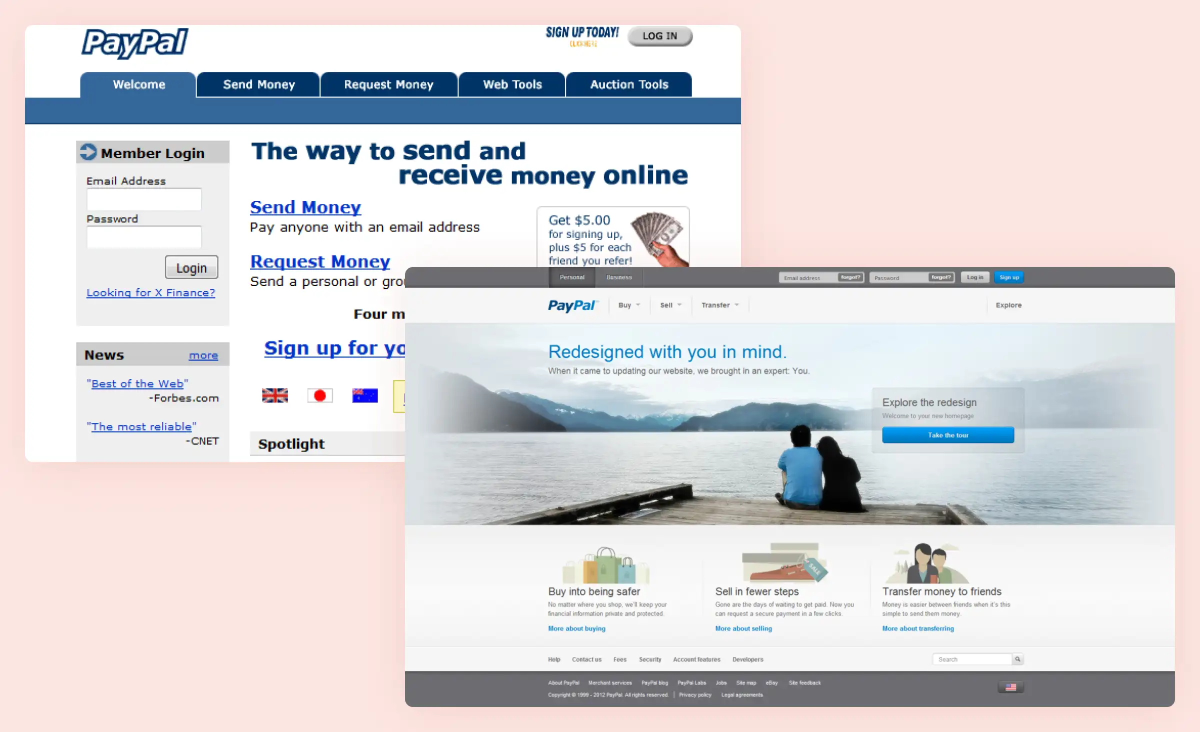 The PayPal main website design before its 2012 redesign was relatively basic, with a minimalistic approach and lacking illustrations and photos. After the redesign in 2012, the website featured a more polished and modern design, incorporating images and a cleaner layout to enhance the user experience and visual appeal.