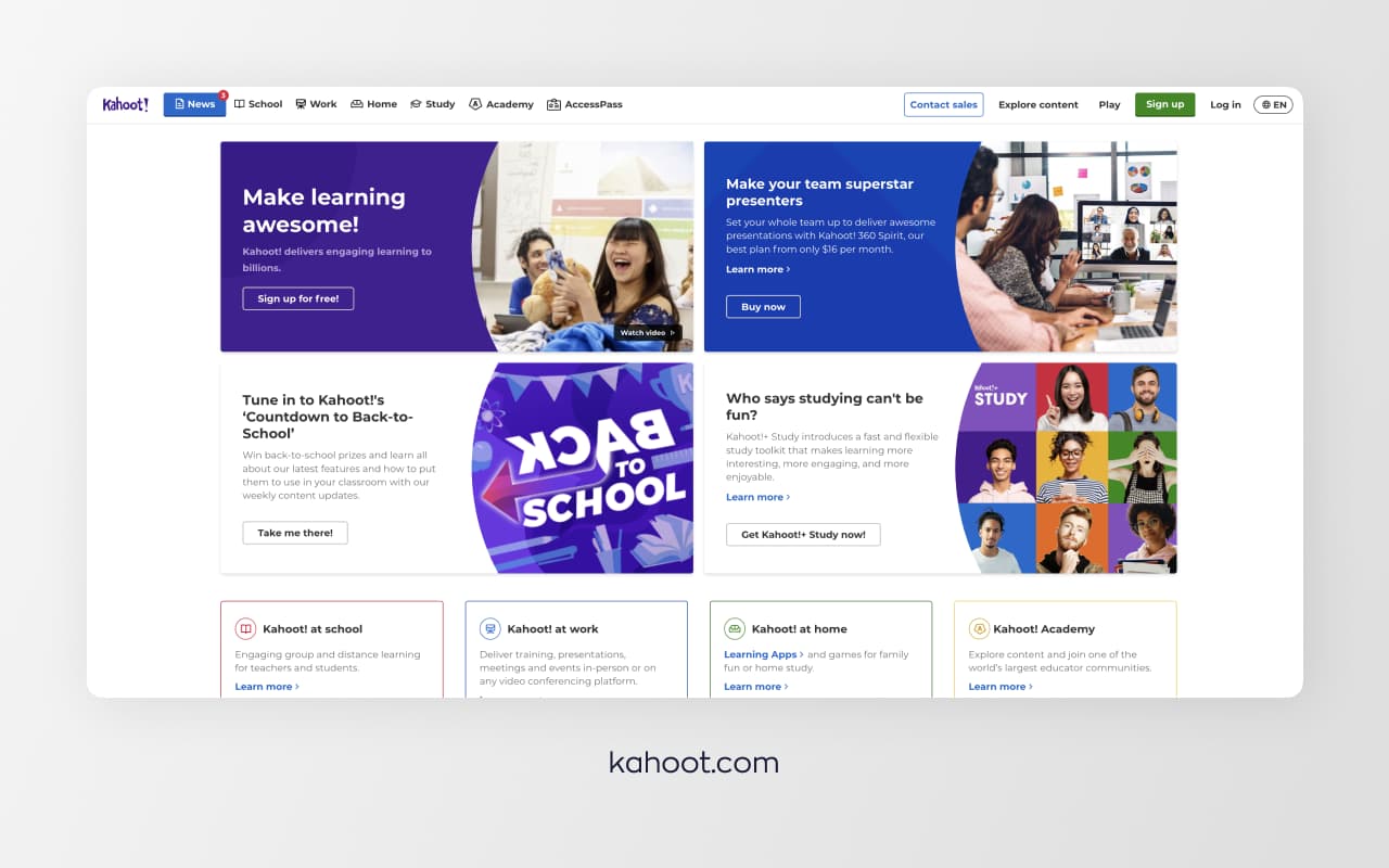 Website header of Kahoot educational technology startup