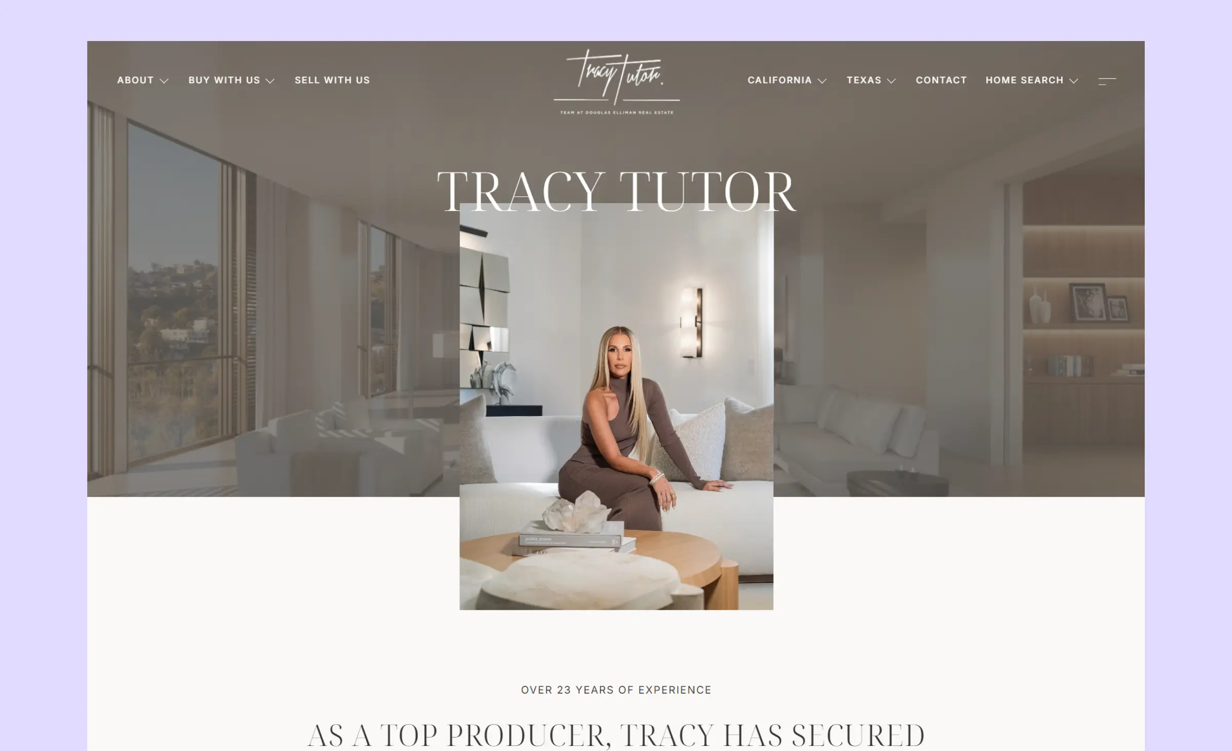 Tracy Tutor’s real estate website design includes her image, a distinctive logo, and a minimalist menu for easy navigation.