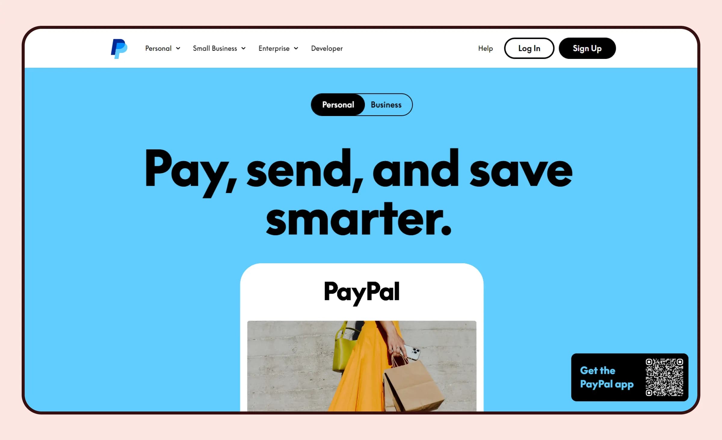 The current PayPal financial services website design is even more user-friendly, featuring large fonts for improved usability and a palette of three main colors to maintain a clean and non-distracting appearance. It offers options to choose between personal or business accounts, allows users to scan a QR code to download the app, and features the slogan "Pay, send, and save smarter."