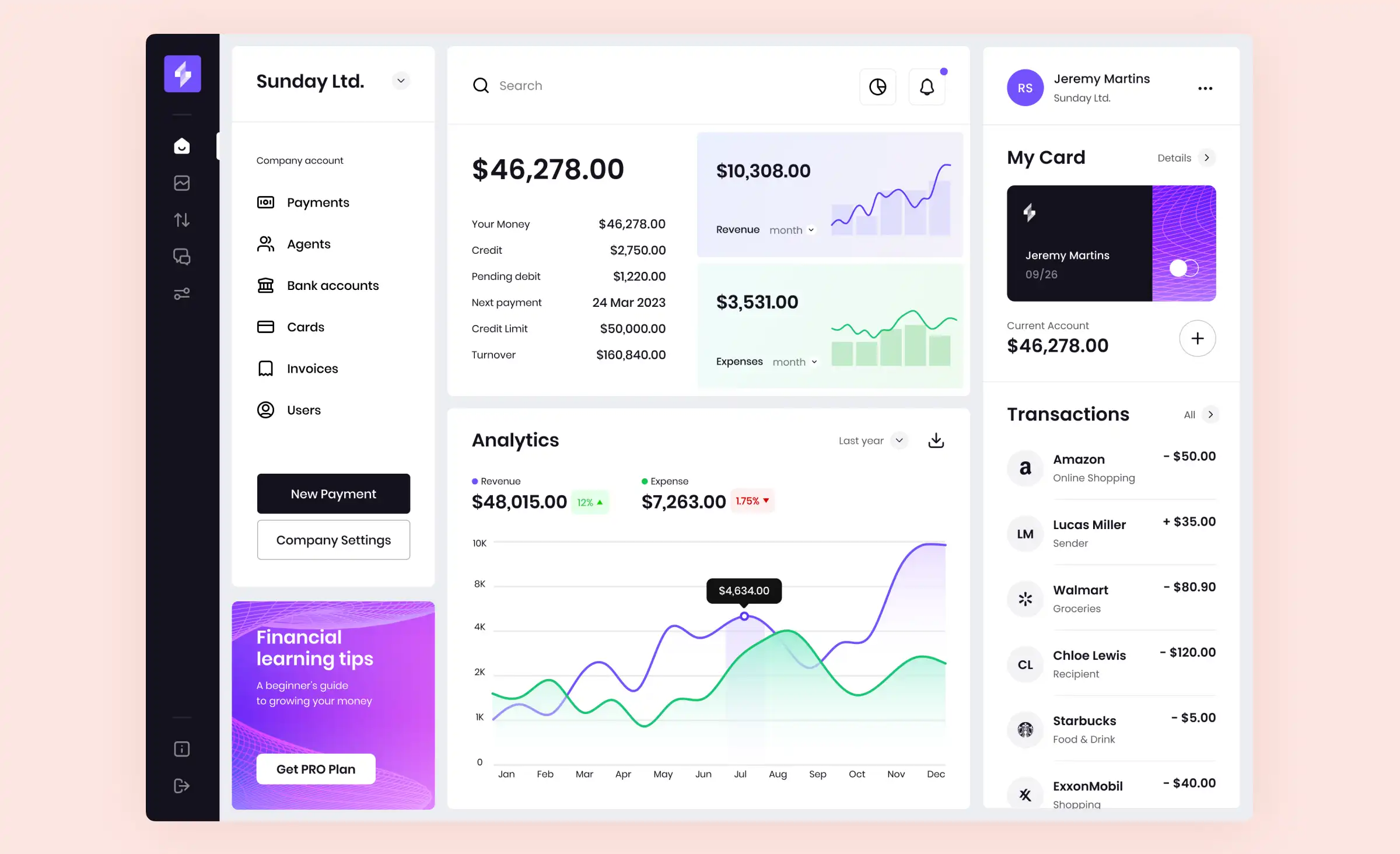 The financial services website design by Ronas IT features a business account interface in an online bank. It displays information on revenue, expenses, cards, transactions, and analytics.