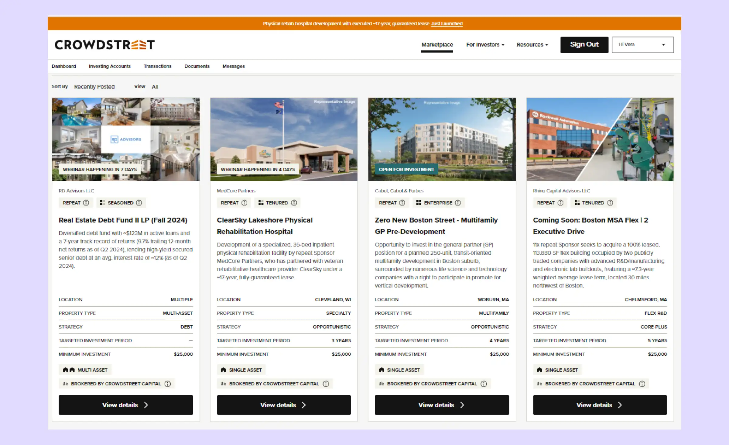 Crowdstreet’s real estate website design showcases a list of buildings that are either under development or slated for development, available for investment opportunities.