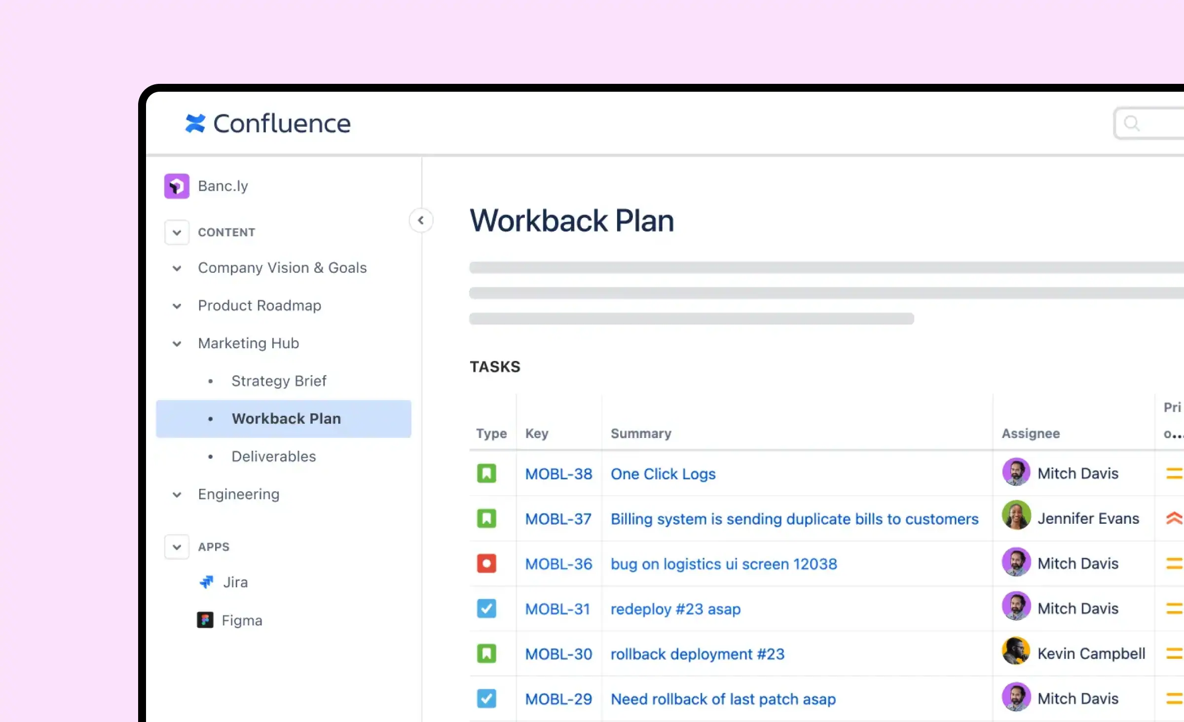 Screenshot of a Confluence workback plan showing a structured list of tasks, priorities, and assignees, demonstrating how clear planning helps in reducing IT project chaos.