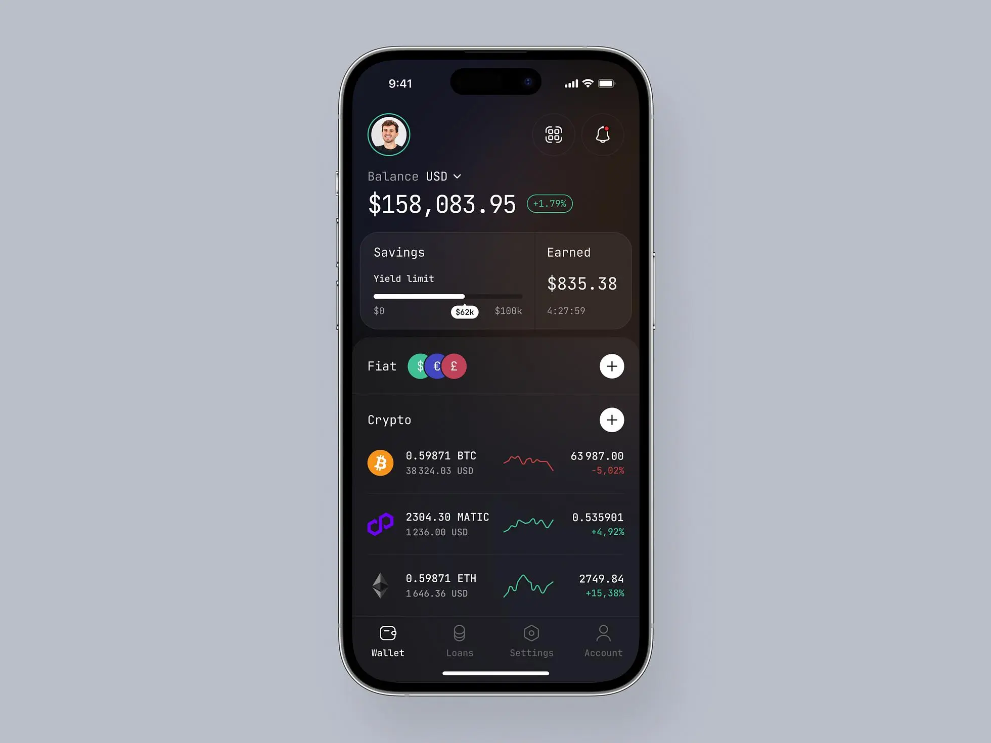 Crypto loan mobile app home screen: Shows a user's balance, savings, and different currencies