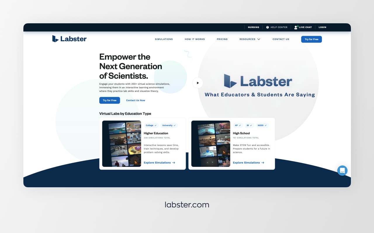 Website header of Labster educational technology startup