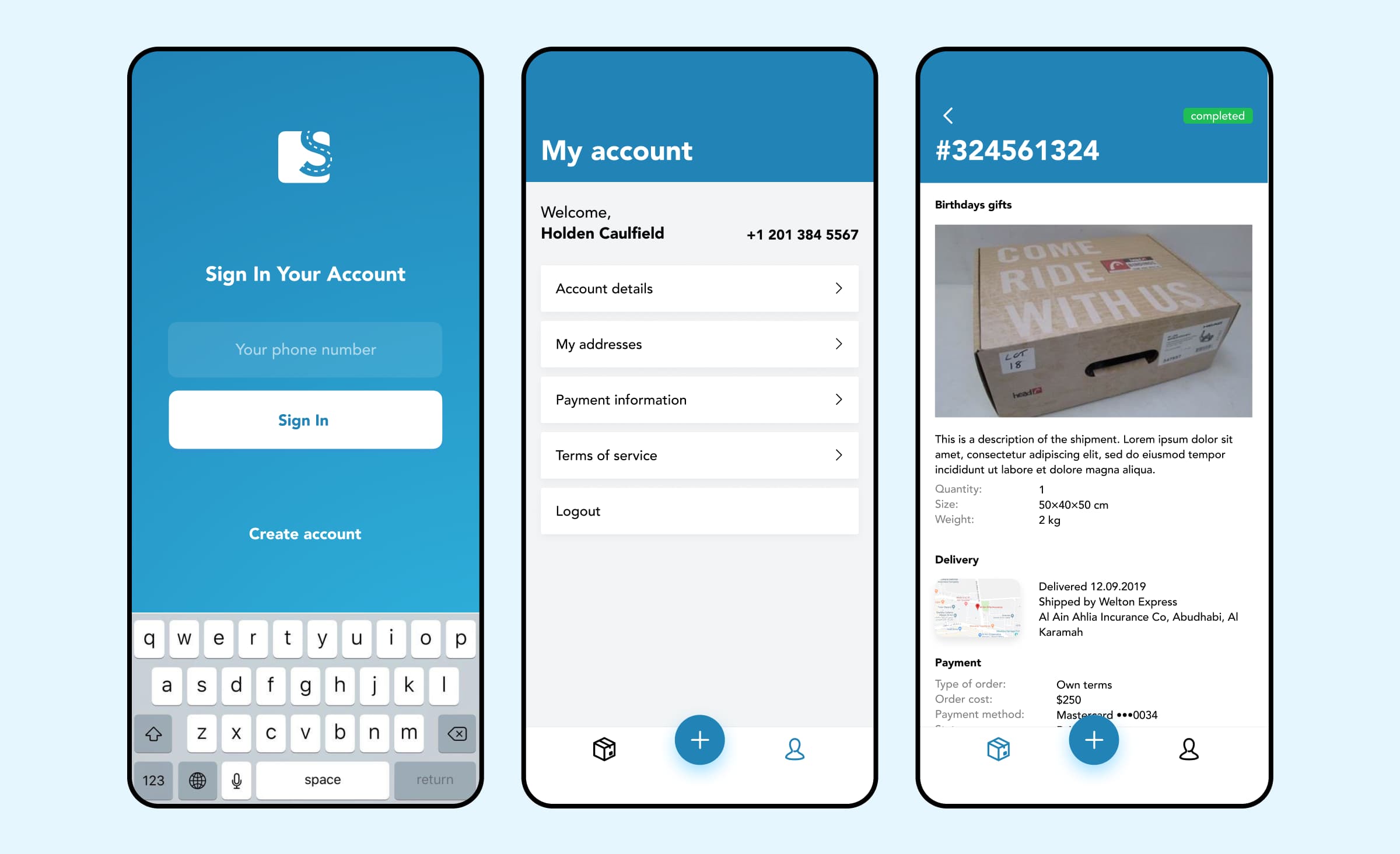 Screens of the ShipMe app, designed and developed by Ronas IT, as an illustration of native app development capabilities