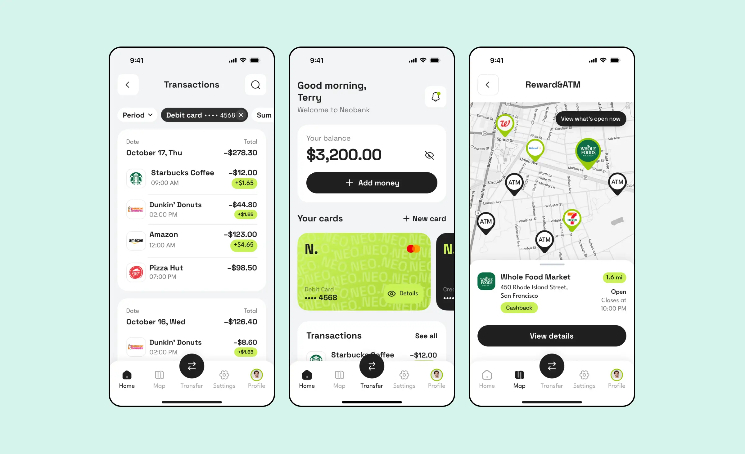 The illustration shows three screens of a neobank application developed by our outsourced development team for a client in the USA. The first screen displays transactions, the second shows the main screen featuring a welcome message, account balance, and an option to access the cards section. The third screen is a map with marked shops and services where users can earn cashback by using their card.