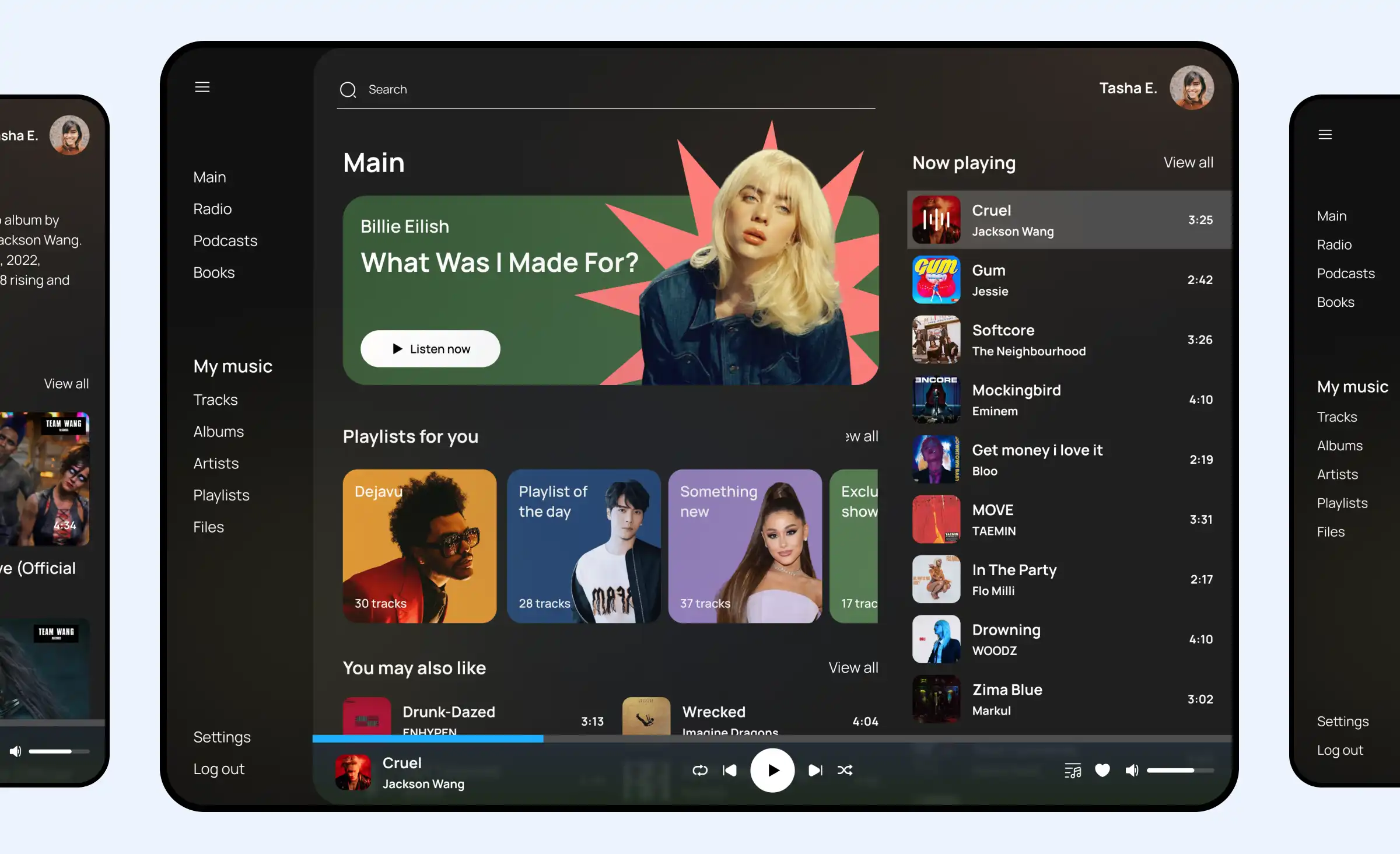 The image illustrates a design concept of a music streaming app showcasing a web interface. On the left side of the interface, there's a menu. The section in the middle features the top song currently trending along with recommended playlists. On the right, it shows the user's playlist that is currently playing. Above the interface, the Manrope font and the green, black, and blue color palette used in the interface design are indicated.