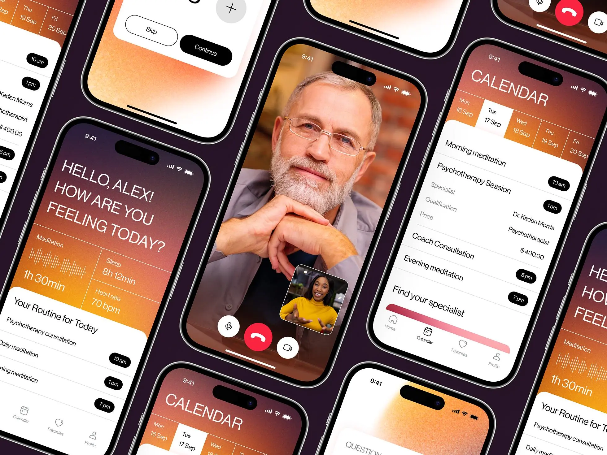 Mental health mobile app design with a&nbsp;light theme with smooth noisy gradients in&nbsp;yellow and purple