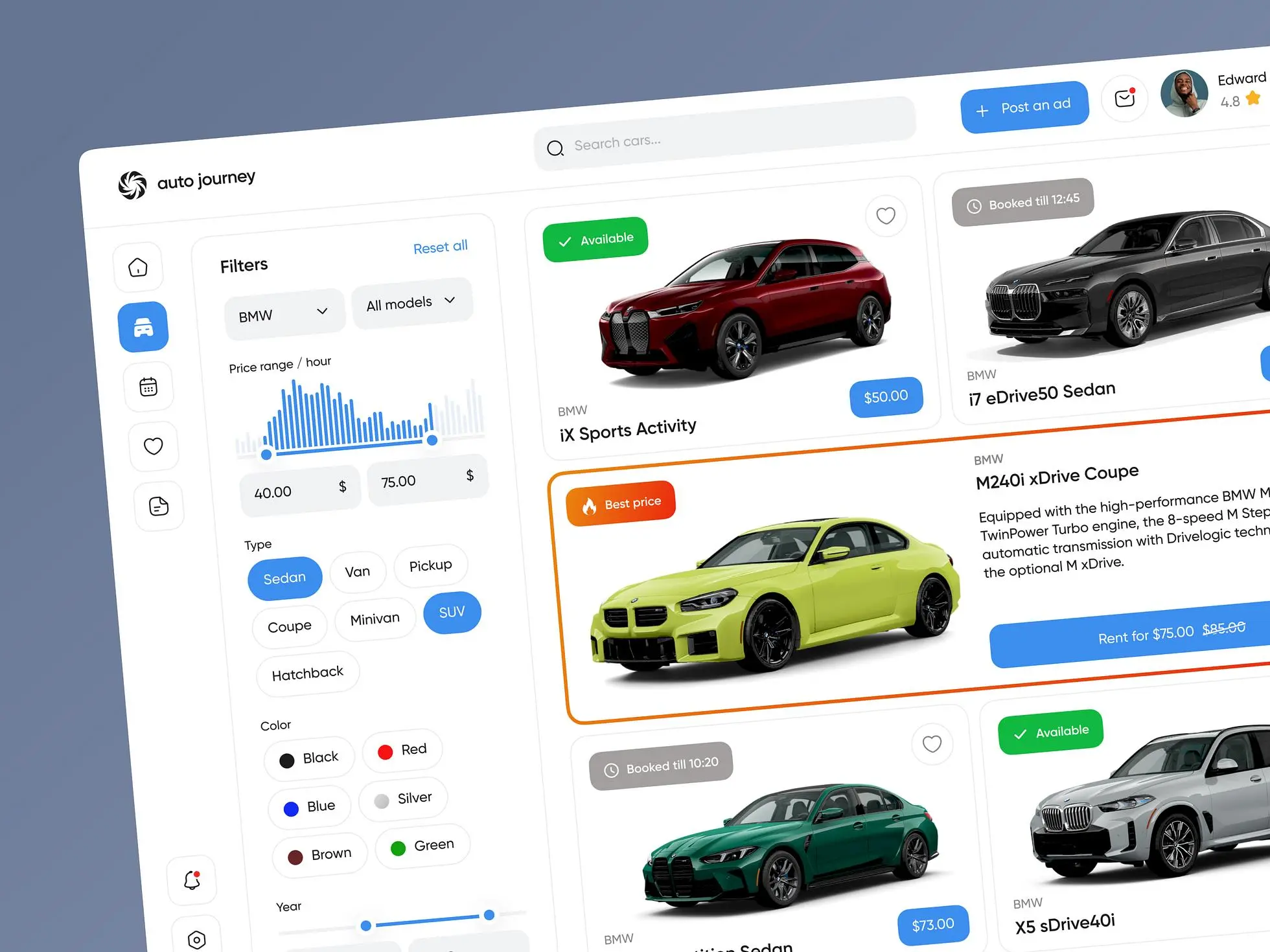 Car rental dashboard design concept with features like search bar, filters, left-side menu, and more