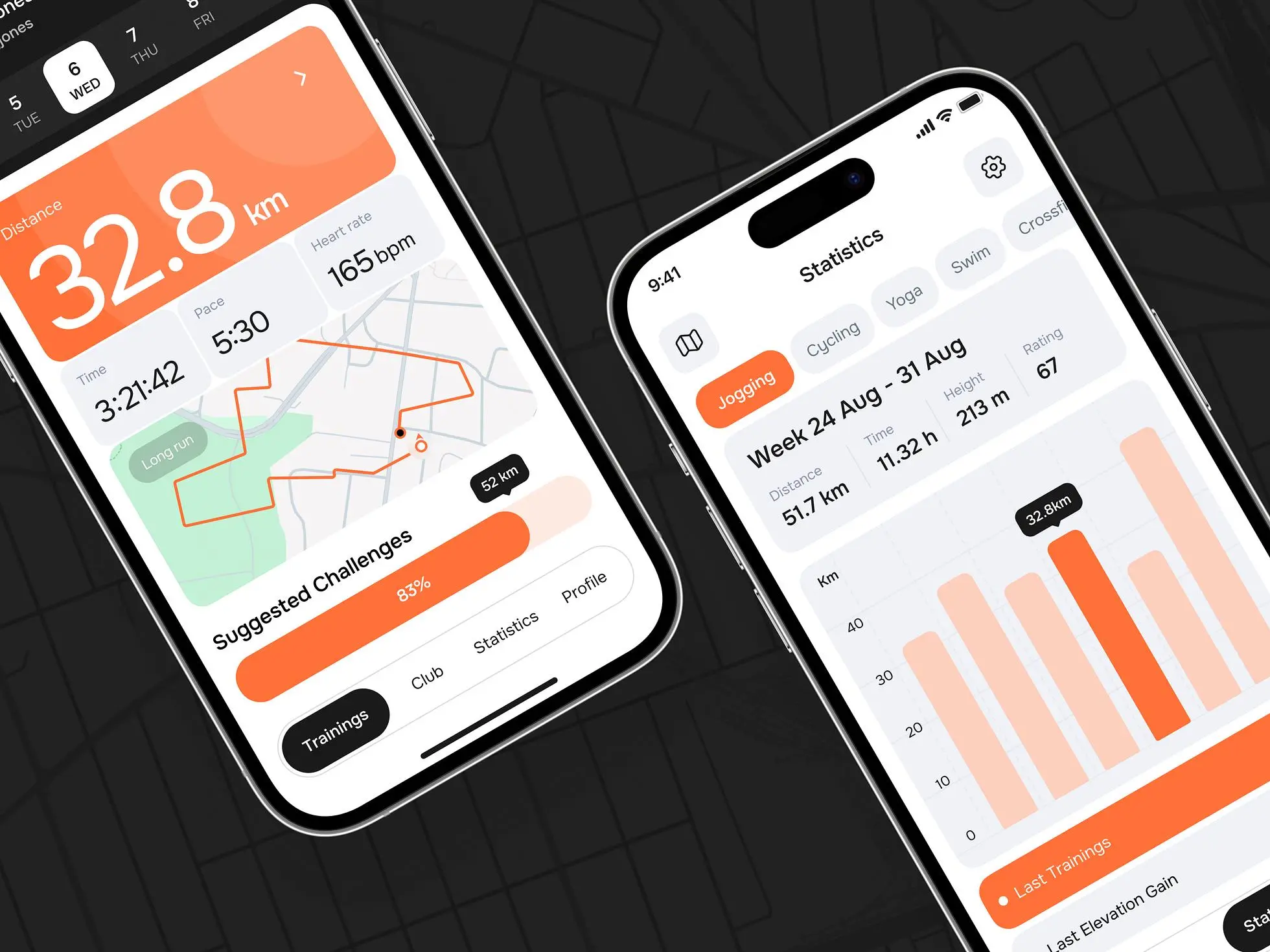Running mobile app design: Two screens showing the&nbsp;main design features.