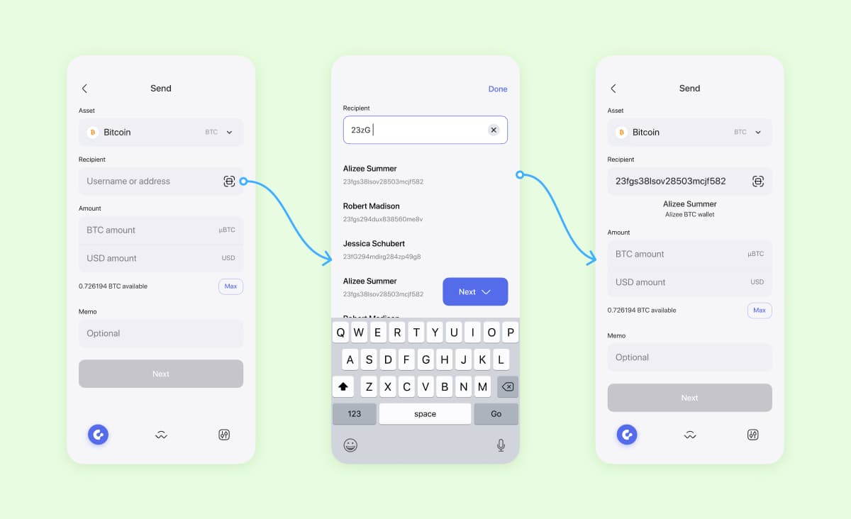 Three screens represent the principle of a clickable prototype’s operation, which is a part of the mobile app design and development process