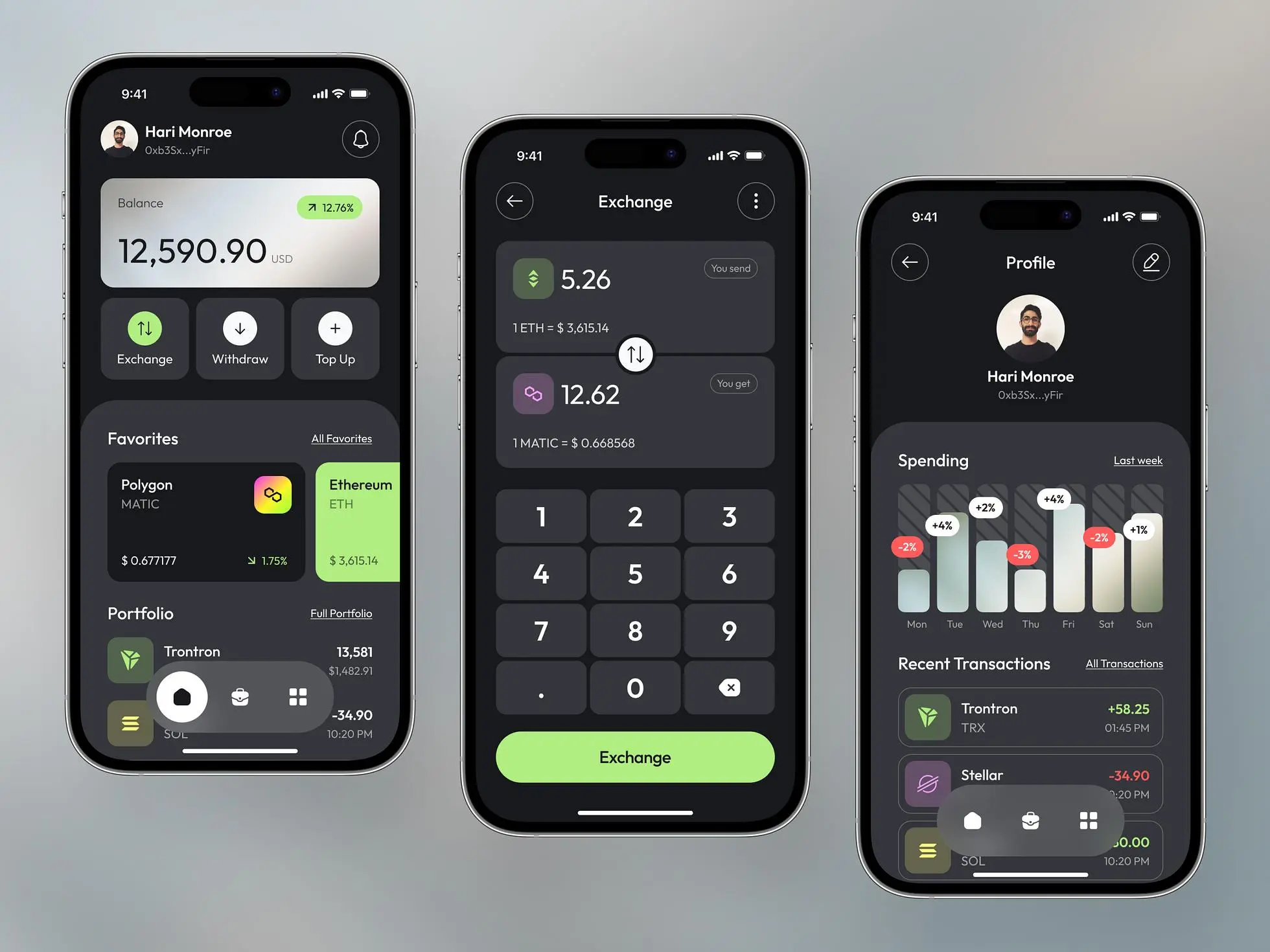 Crypto wallet app design: Home screen, currency exchange screen, profile screen