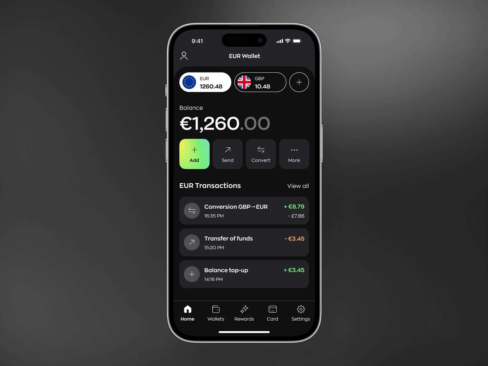 Finance mobile app design: Home screen where users can see their balance, resent transactions, and currencies