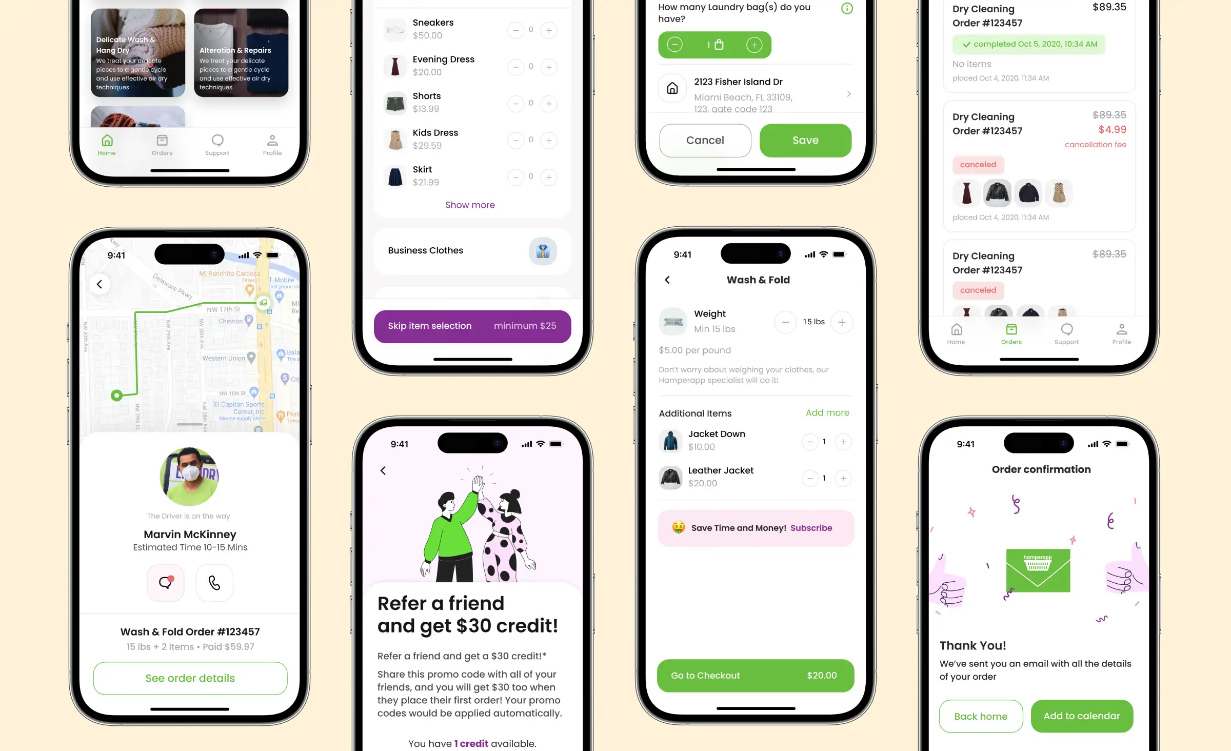 Eight mobile phone screens displaying various features of the Hamperapp laundry delivery service app, including order tracking, service selection, pricing, referral offers, and order confirmation, showcasing the app’s user-friendly interface designed to meet the needs of different user roles.