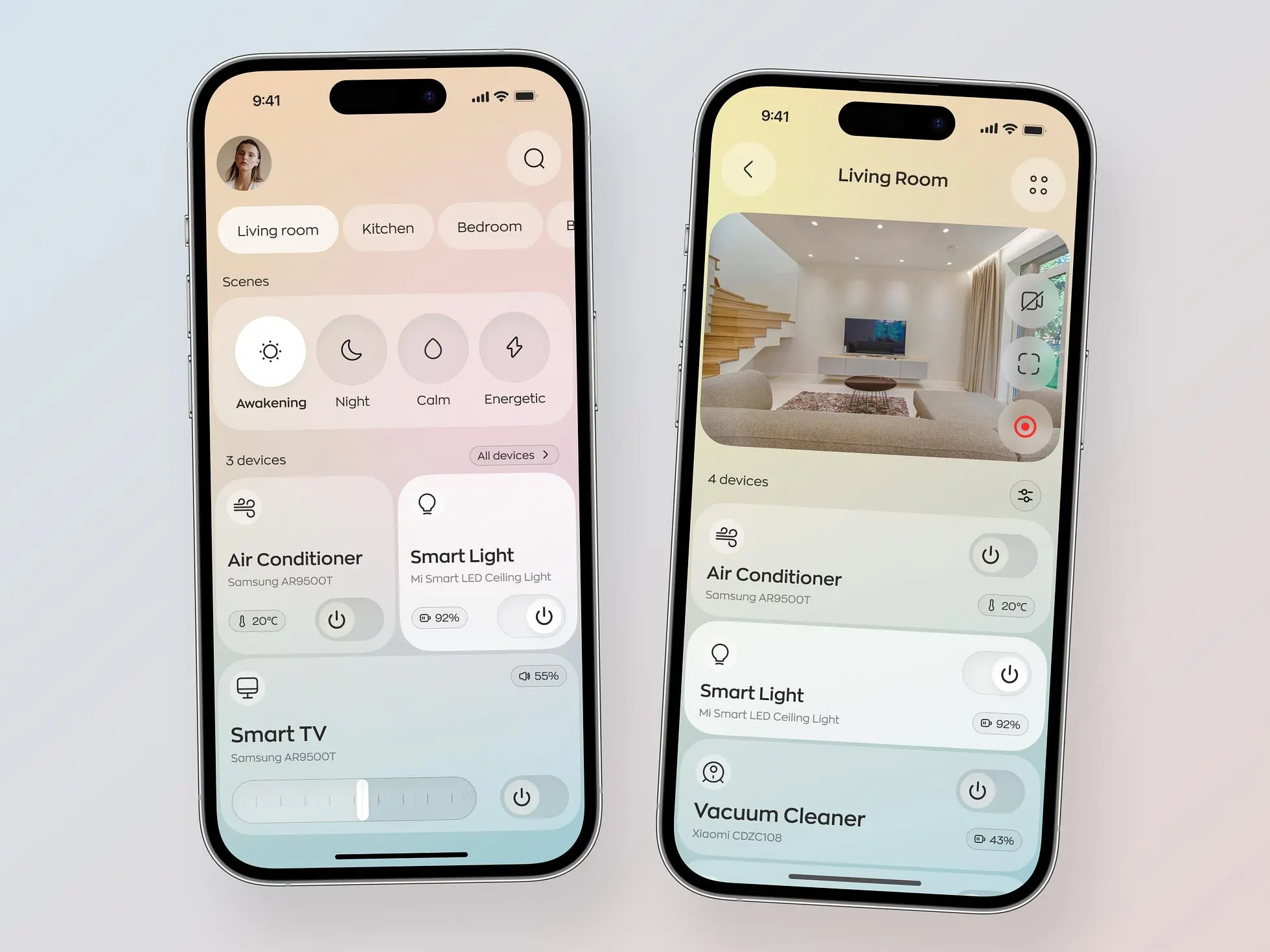 Smart home app design: Main screen and living room screen