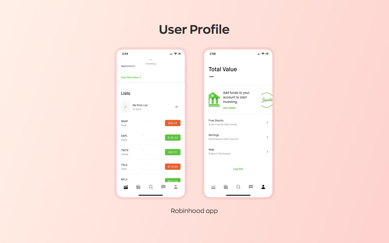 Guide on custom trading platform development: user profile of Robinhood and Binance apps