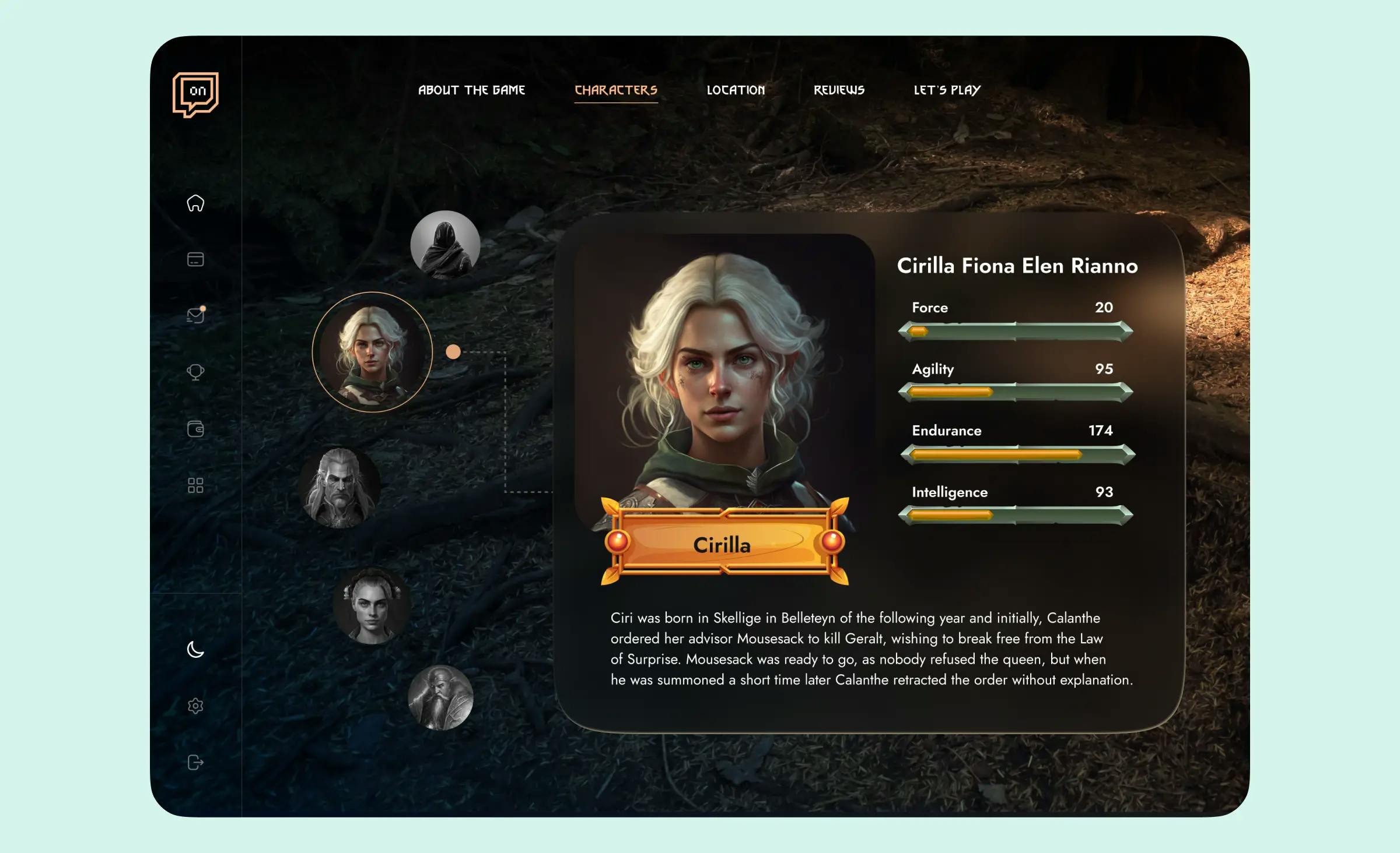 A game website design concept showcasing a Characters page. We can select a character from the left-hand side of the screen and view a brief description of them. This design concept by Ronas IT features the character Cirilla. Her profile displays progress charts for her intelligence, endurance, agility, and force. Additionally, there is a short biography below her portrait along with charts presenting her characteristics.