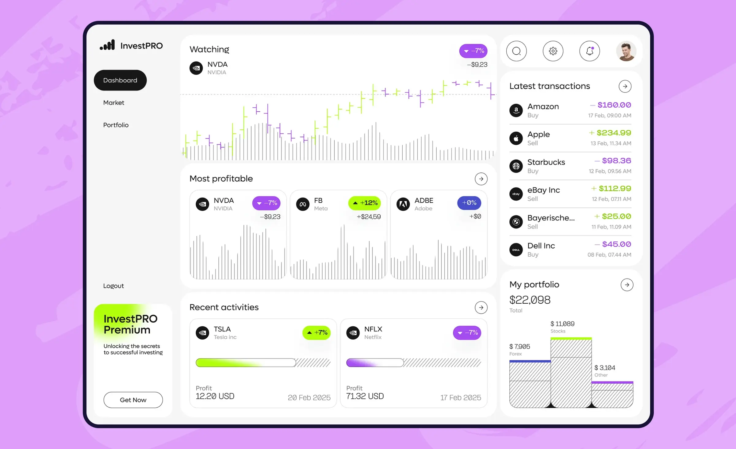 Screens of an investment app representing a viable FinTech startup idea