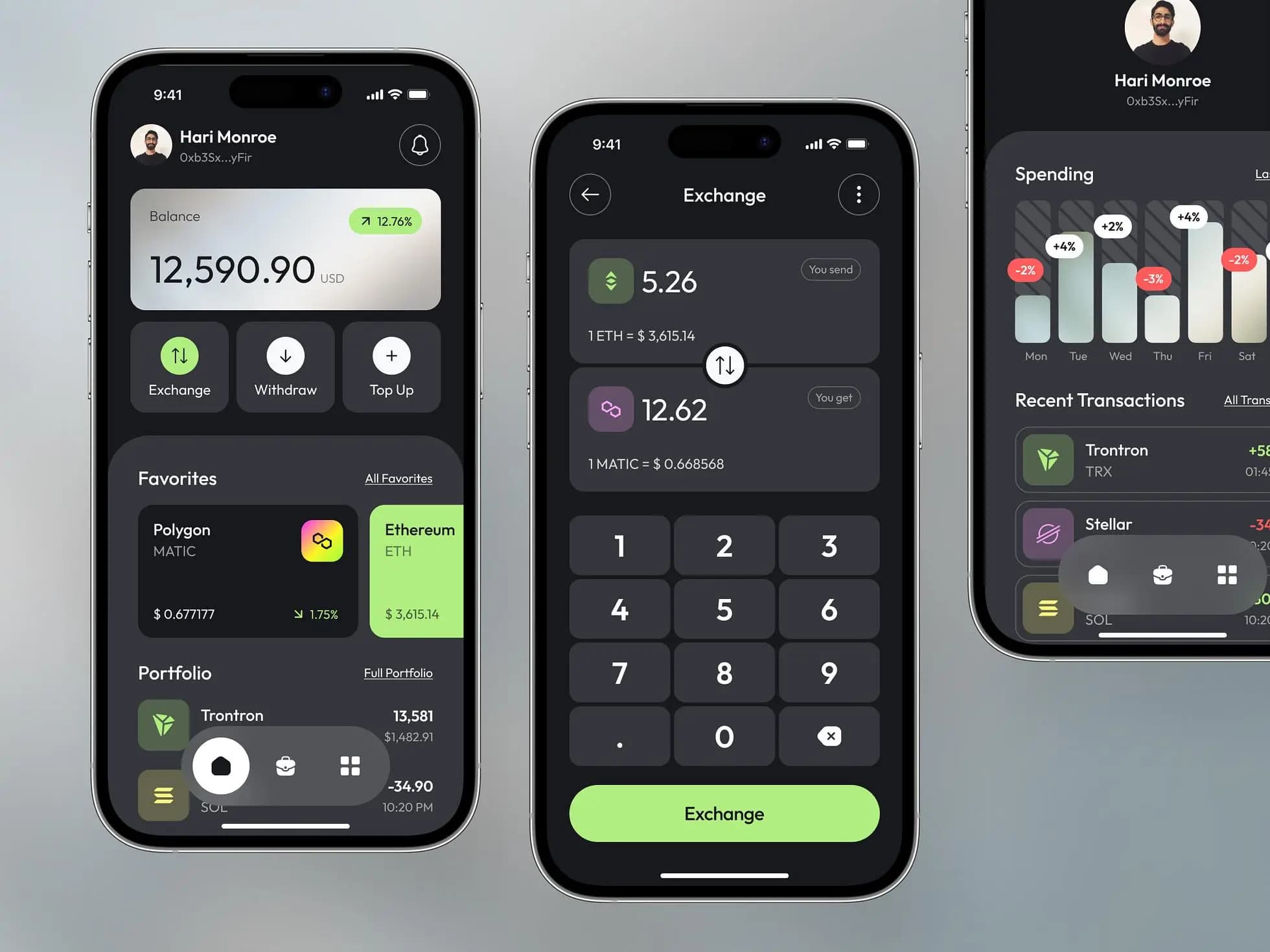 Crypto wallet app design concept: Screens showing the main design features