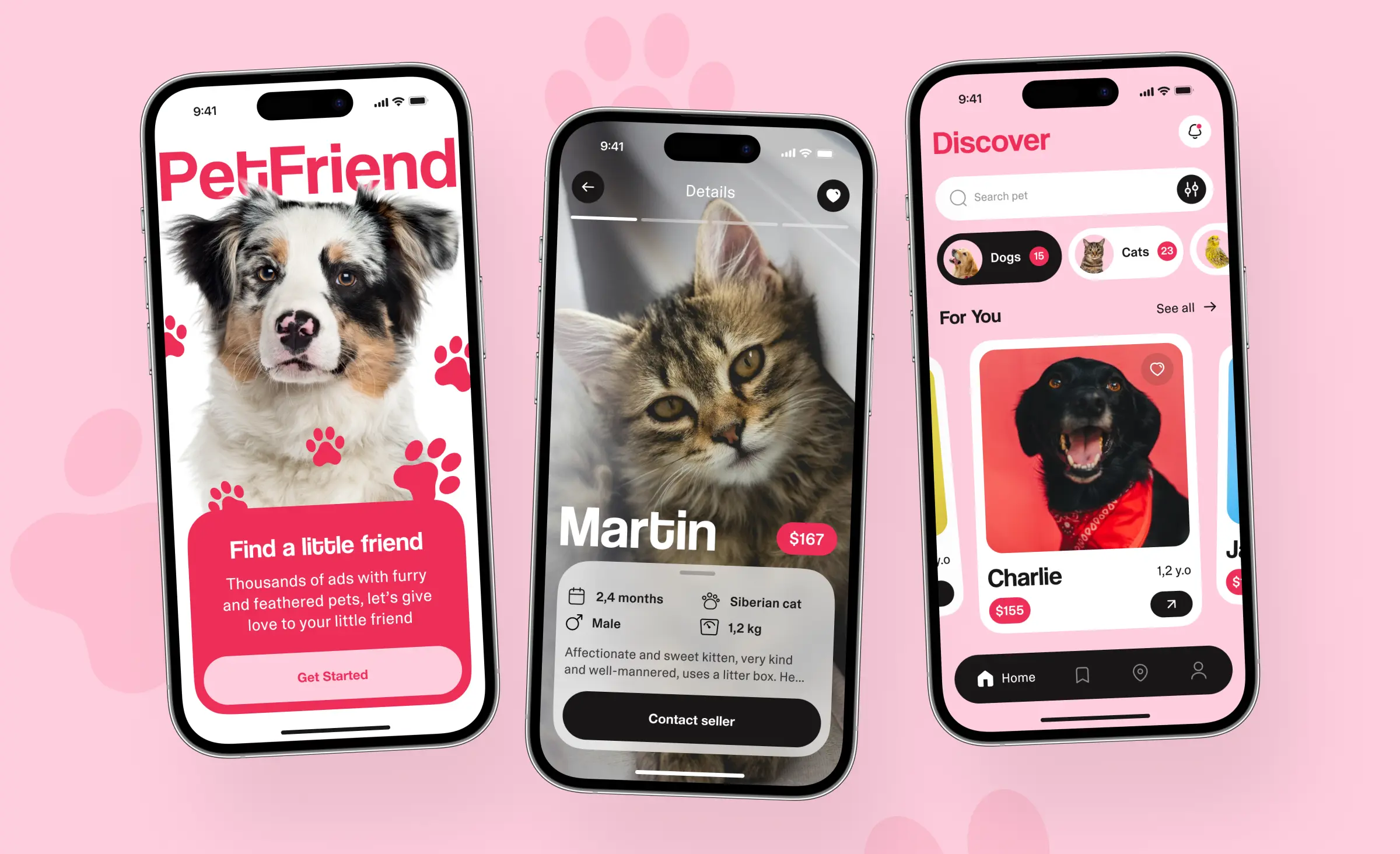 Three smartphone screens displaying the PetFriend app. The first screen shows a welcome page with a dog and the message "Find a little friend.” The second screen details a cat named Martin, including age, breed, and price. The third screen, labeled "Discover," features listings for pets, including a dog named Charlie. The app facilitates finding pets, raising questions like what is DesignOps in app development for user-friendly experiences.