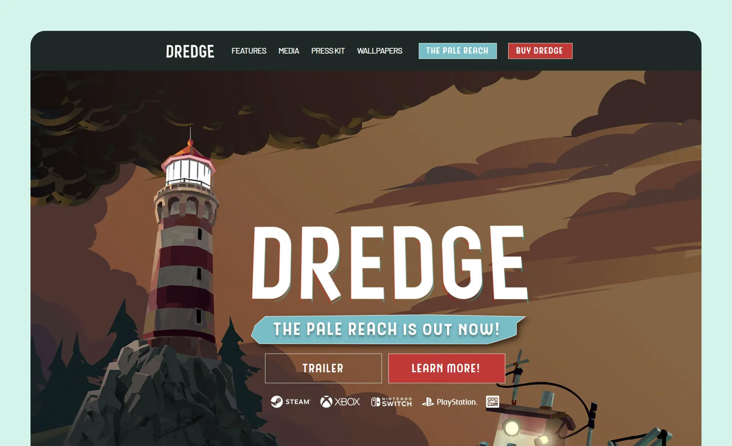 The landing page for the Dredge game features a visual of a lighthouse, with the game’s title, "Dredge," written in large font above it. Below the title are two buttons: "Trailer" and "Learn More." In the menu above the lighthouse, there are several options: "Features," "Media," "Press Kit," and "Wallpapers." There are also two buttons on the right side of the menu: "The Pale Reach" and "Buy Dredge." A screenshot of the Dredge game shows how to build a game landing page at its best.