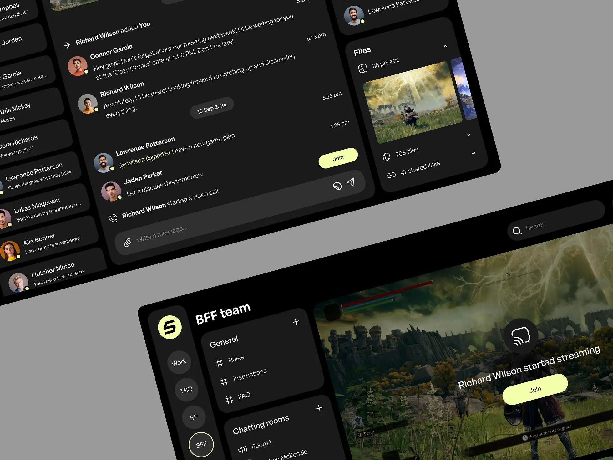 Social media platform design with a dark theme and lemon highlights