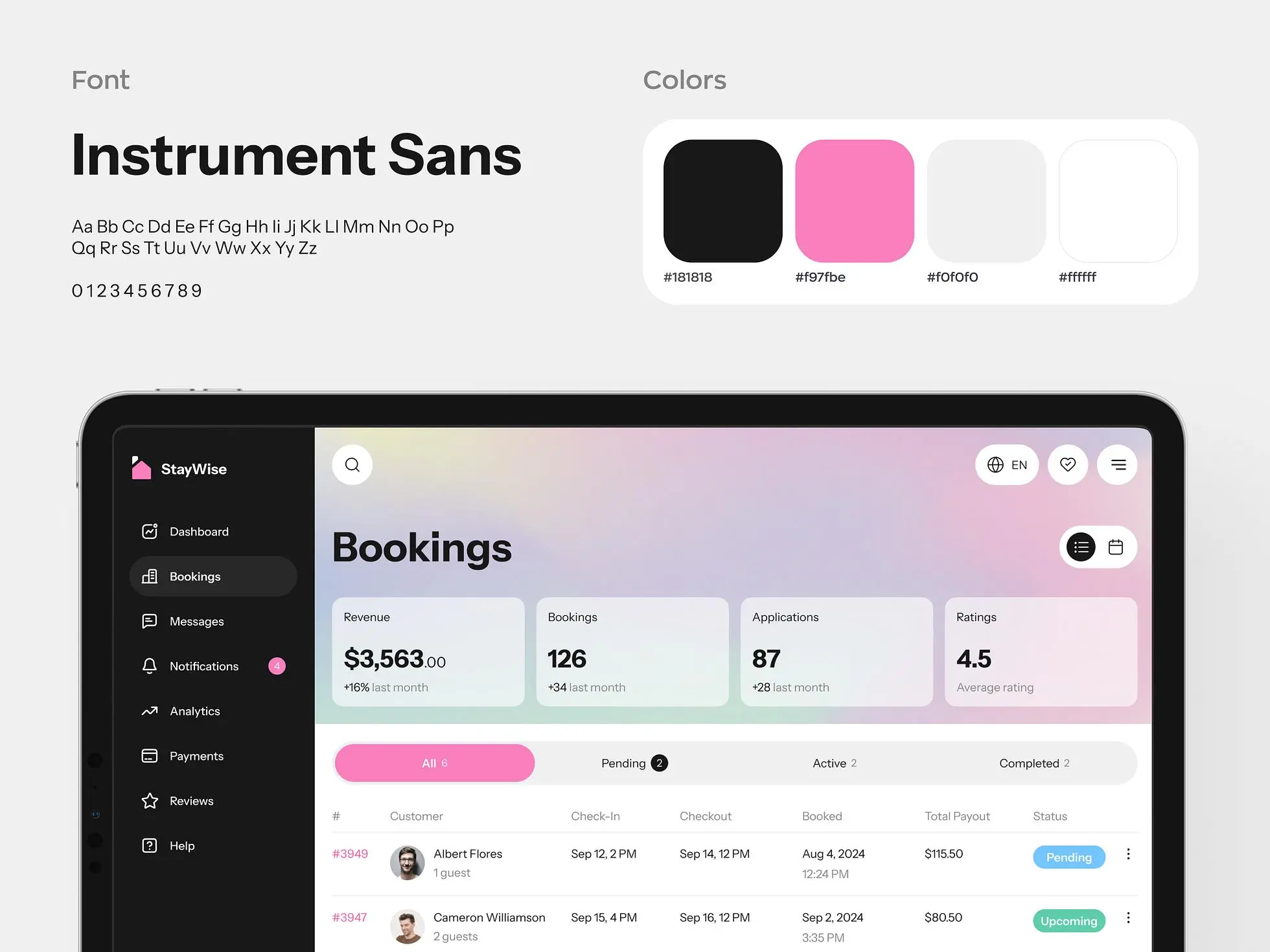 Property management dashboard branding: Colors and fonts we used