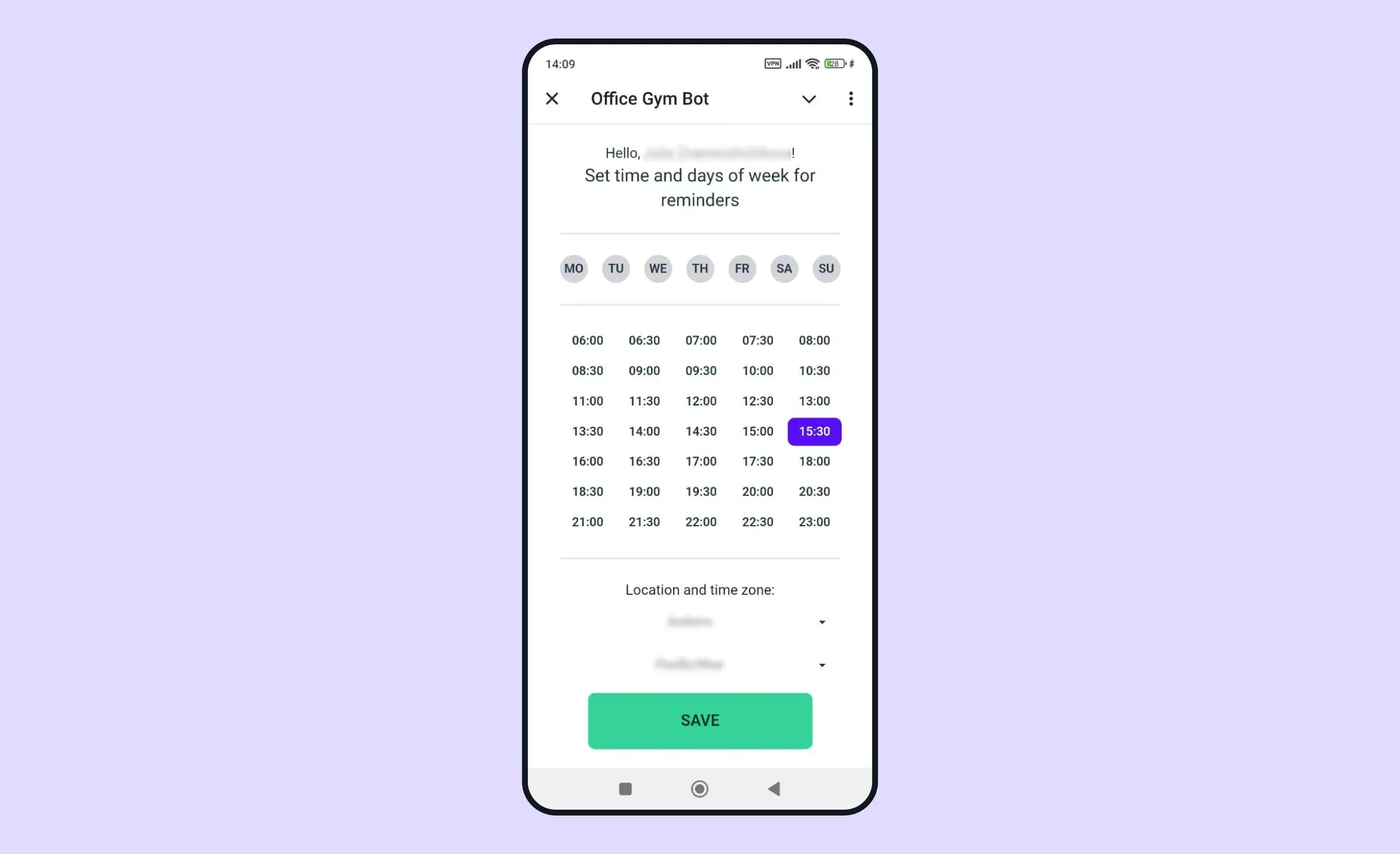 A screen of workout scheduling telegram mini app