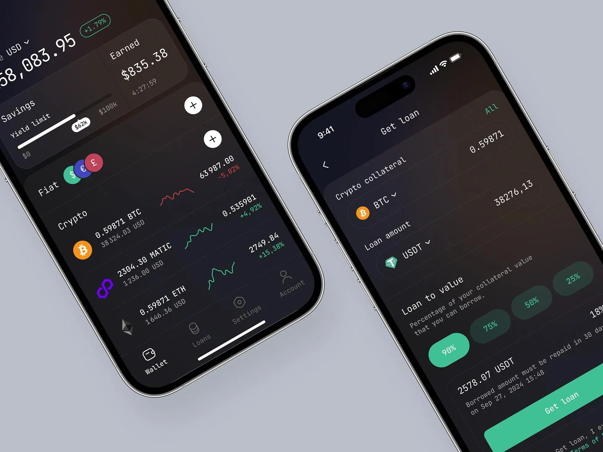 Crypto loan mobile app design concept: Two screens showing the main details of the concept