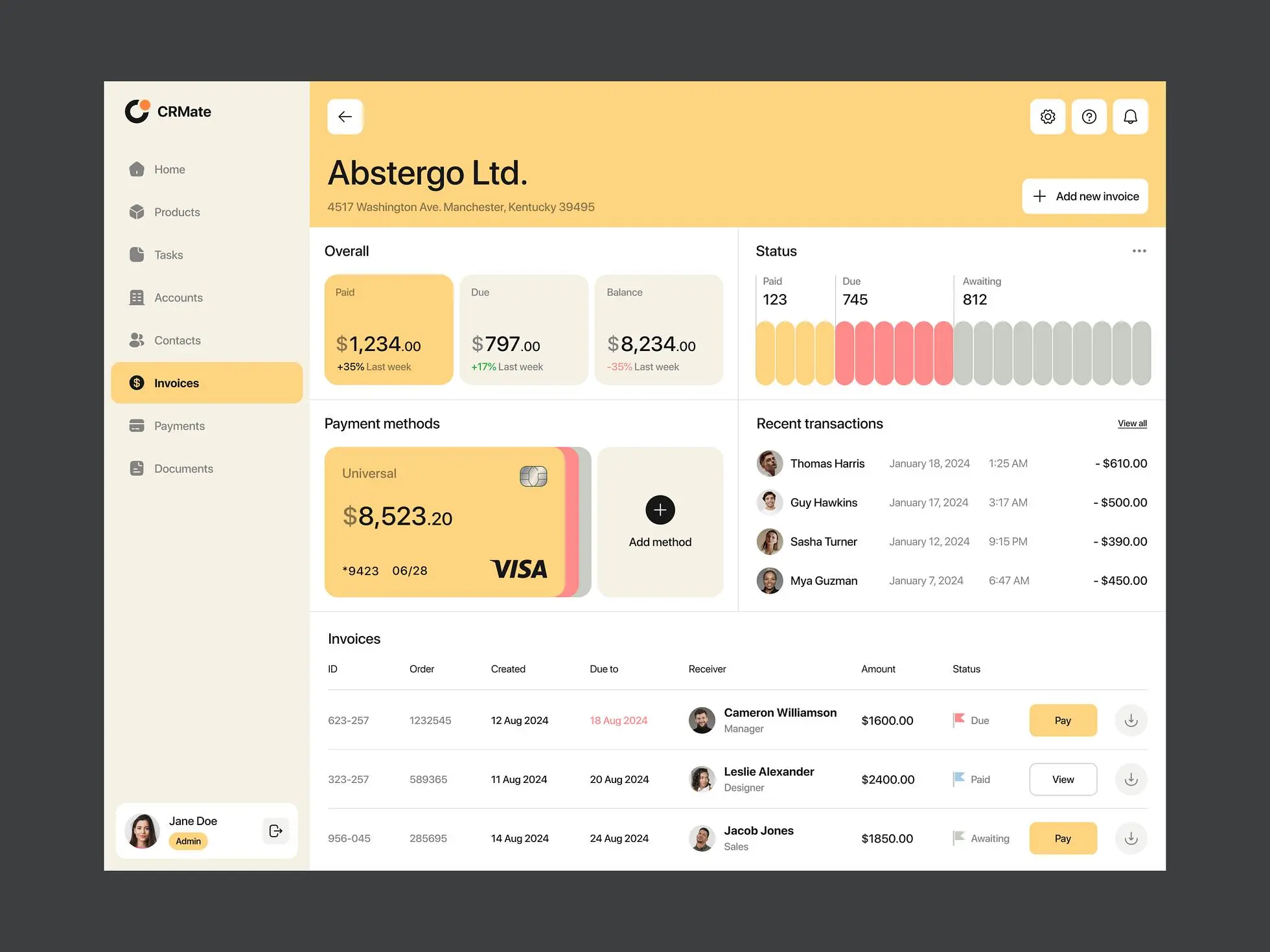 CRM dashboard screen where users can see recent transactions, status, payment methods, invoices, and more