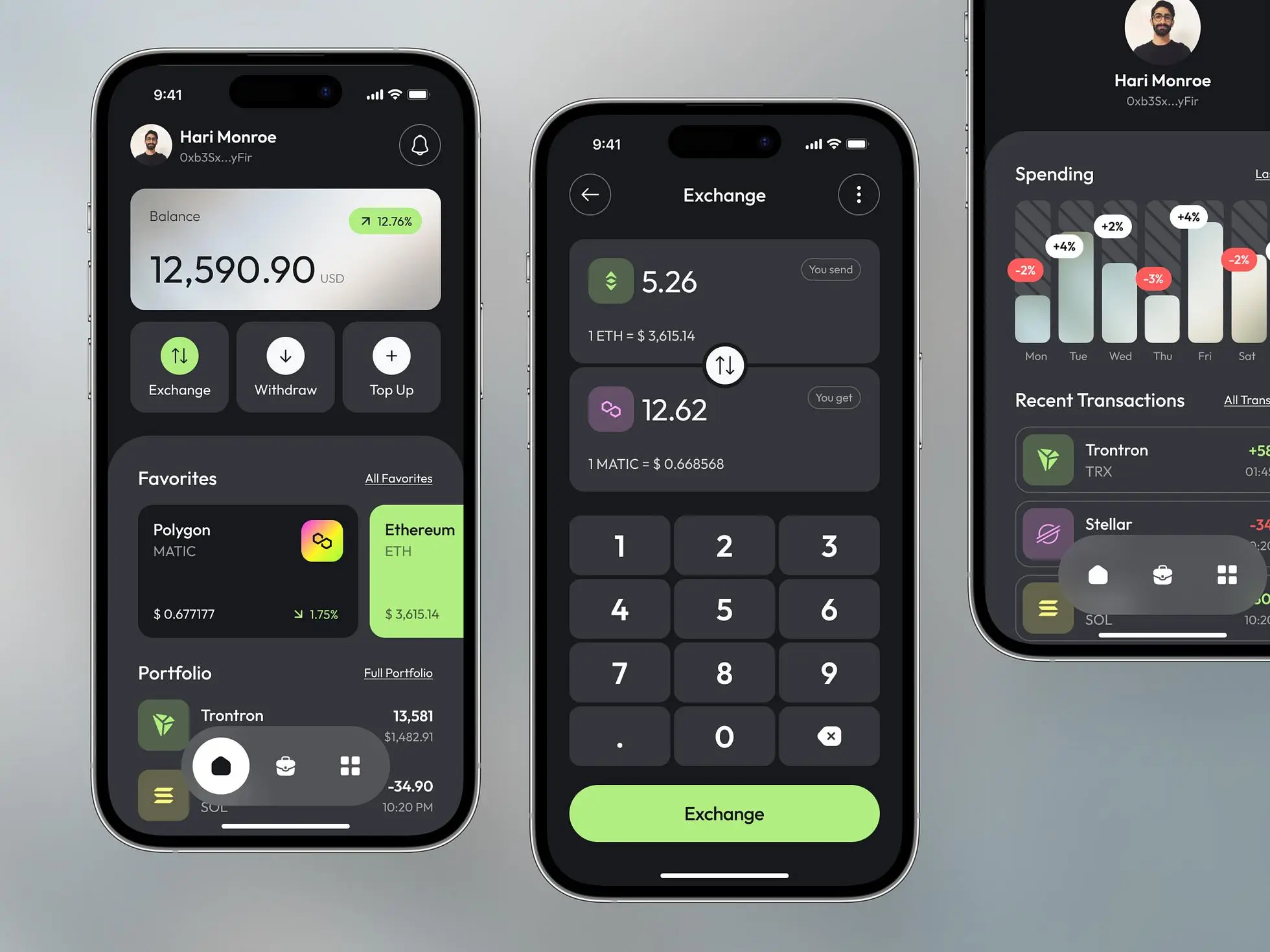 Crypto wallet app design concept: Screens showing the&nbsp;main design features