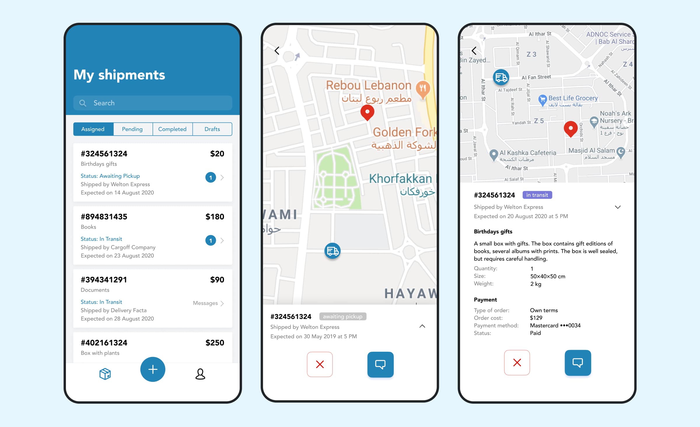 Screens of the ShipMe app, designed and developed by Ronas IT, as an illustration of native app development capabilities