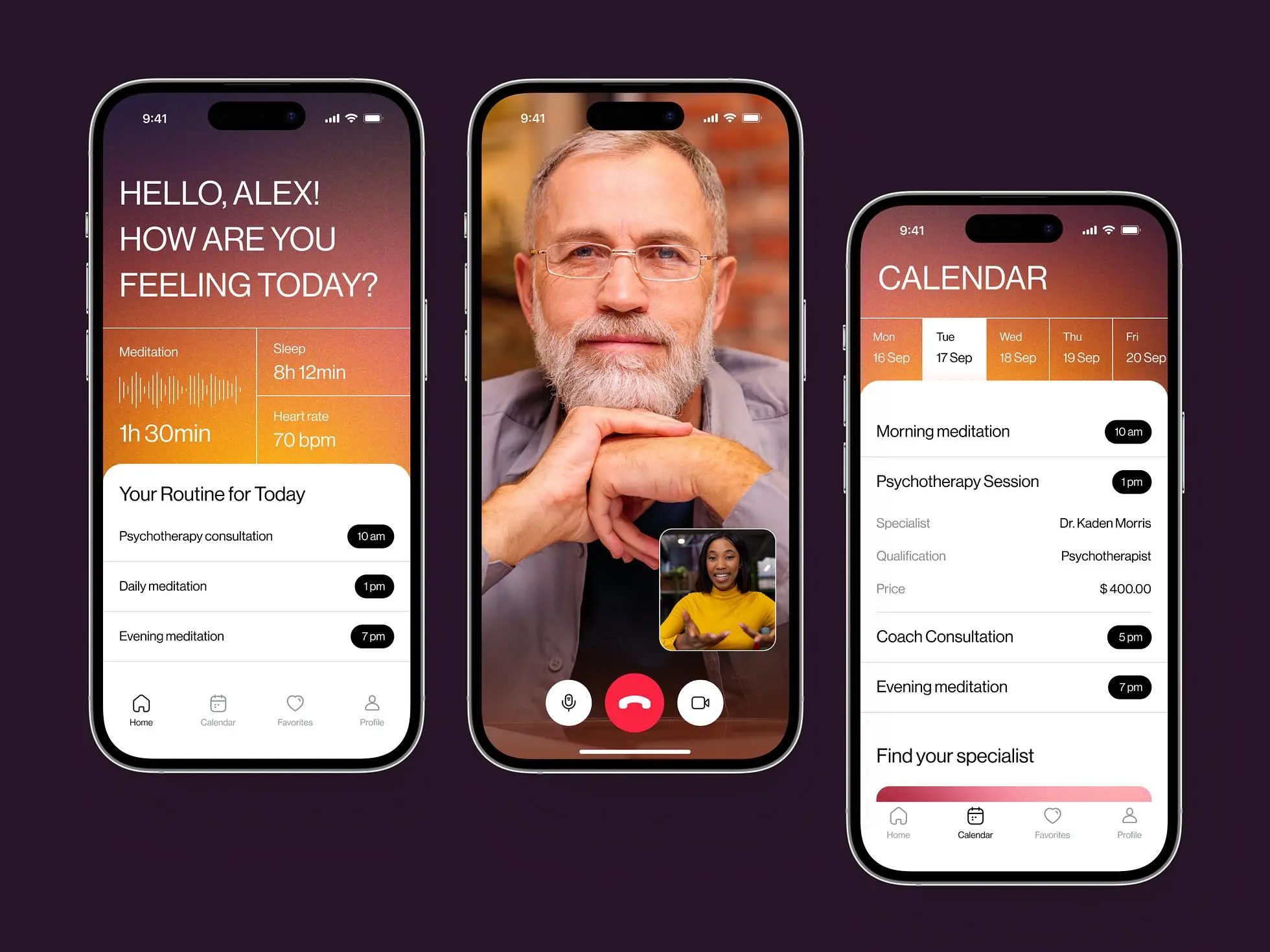 Mental health mobile app: Home screen, video call screen, calendar screen