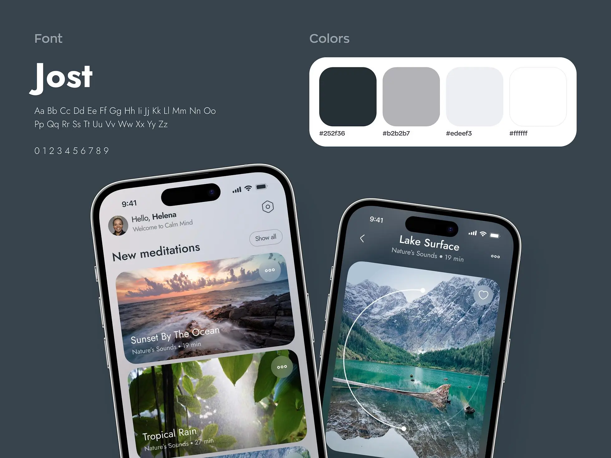 Meditation mobile app branding: Colors and fonts we used