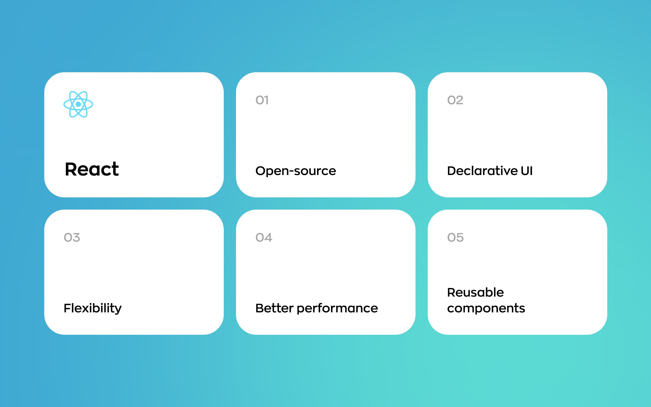React.js features: open-source, declarative UI, flexibility, better performance, reusable components