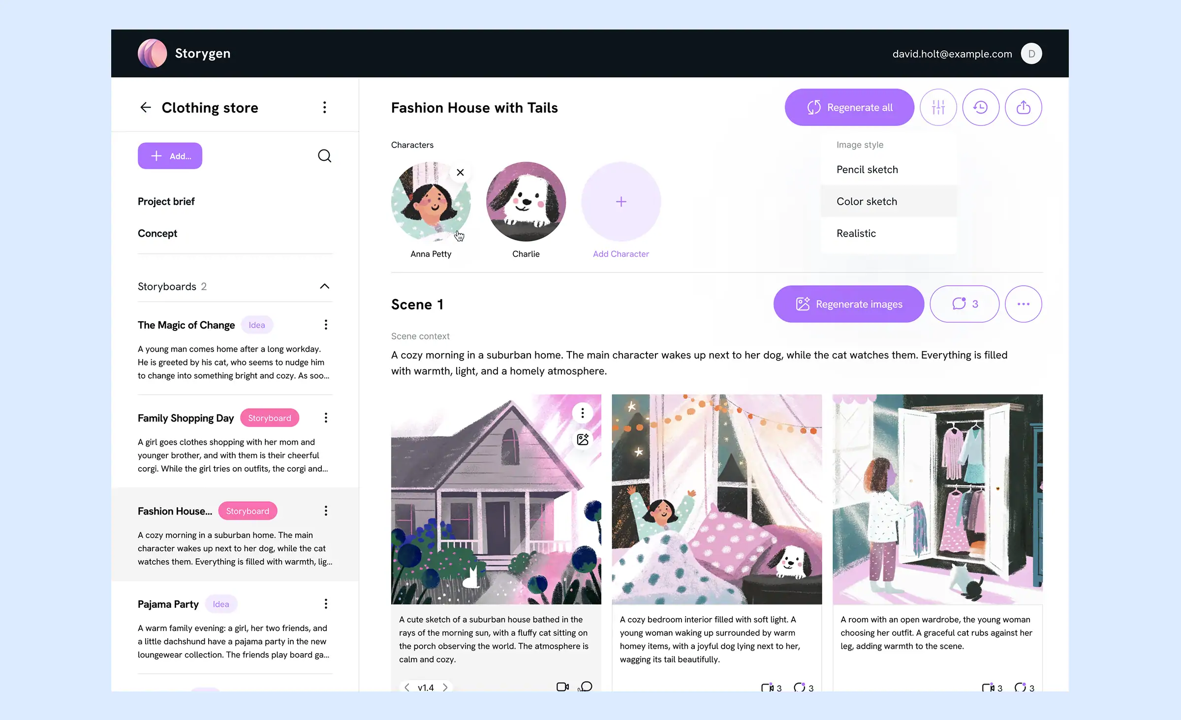 AI business integration for creative professionals, showing a generative AI storyboard tool that automates text and image creation for marketing projects