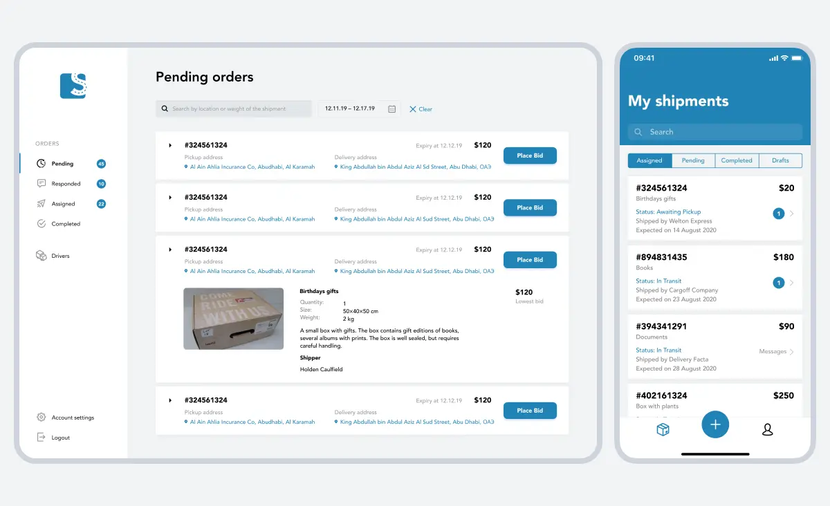 An image depicts two screens of the ShipMe application. The first screen is a web app view showing a corporate administrator's profile and the pending orders page. The second is a mobile app screen that displays a customer's profile on the 'My Shipments' page.