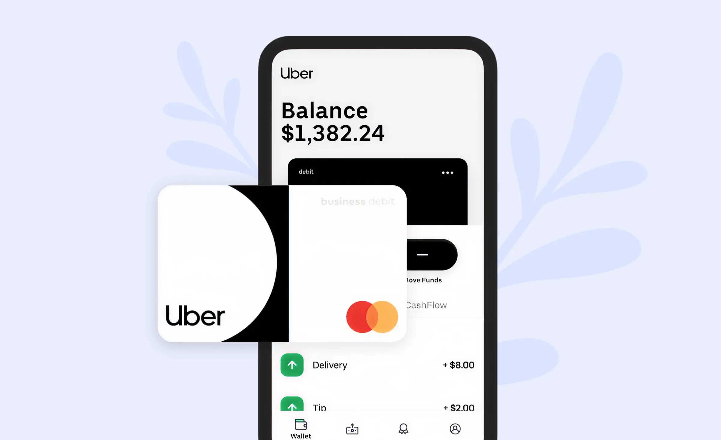 Screenshot of Uber Wallet featuring a business debit card and balance overview, illustrating Embedded Finance in the USA in action