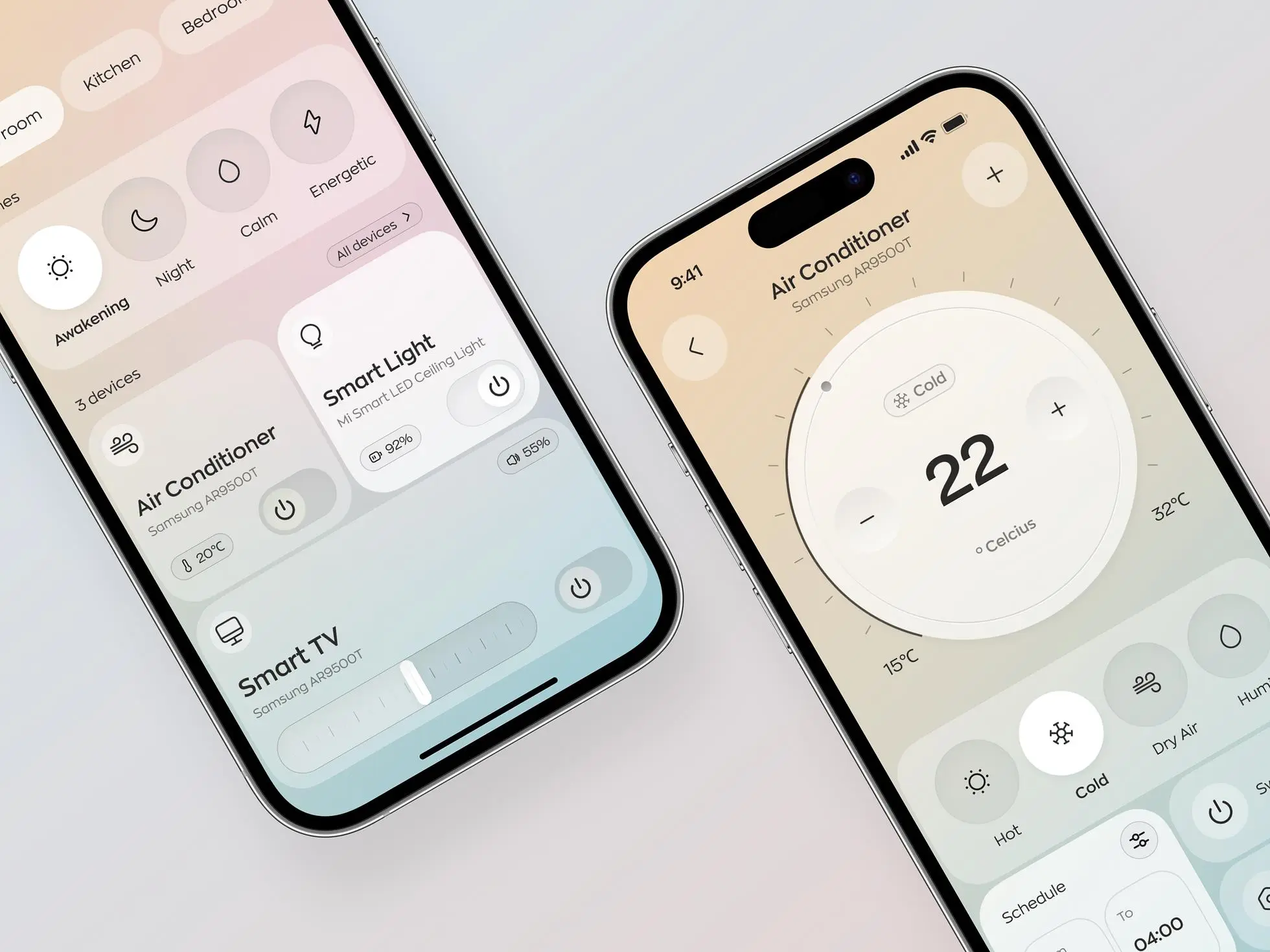 Smart home app design concept: Two screens showing the main design features