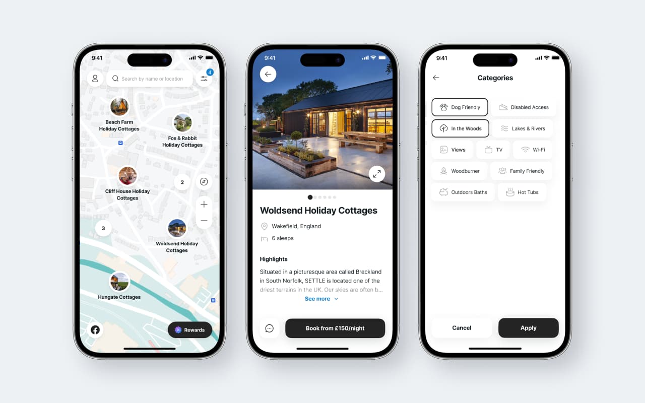 Three screens of the UK Retreats web app, an outsourced development project for booking apartments in Great Britain