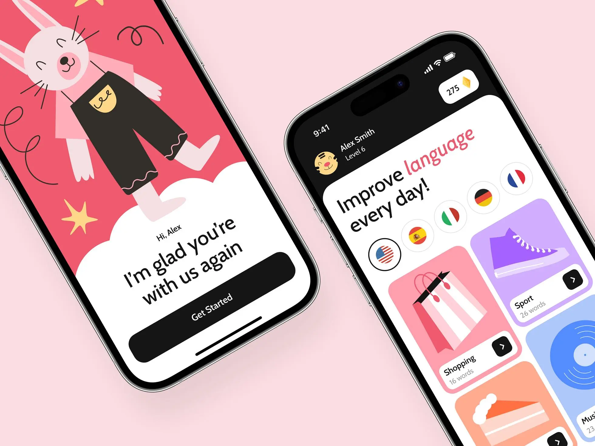 Mobile learning app: Two screens showing the main design features