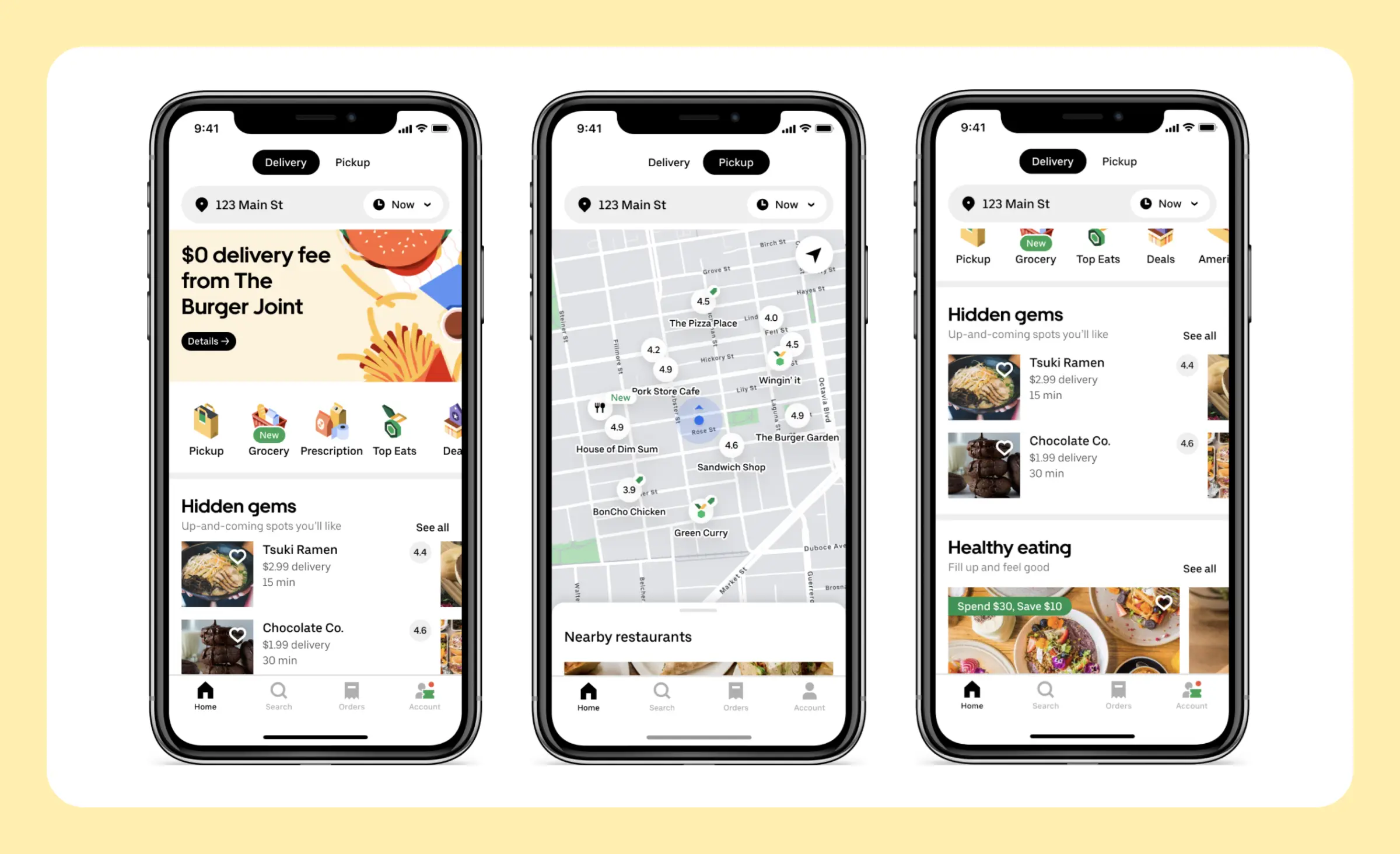 An image shows three screens of the Uber Eats mobile applications: list of the nearest restaurants, city map, search categories. It shows a good example of a platform-to-consumer food delivery app development.