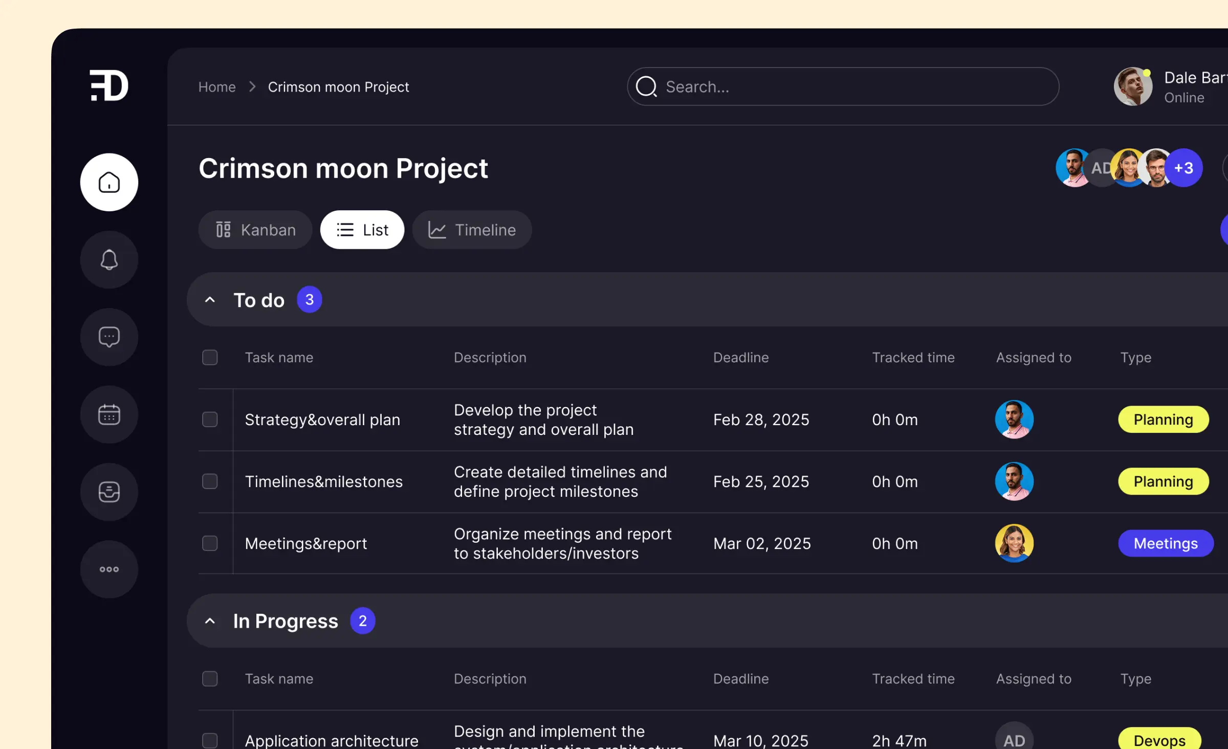 Dark-mode enterprise project management interface displaying task lists, deadlines, and team assignments, reflecting enterprise UI/UX best practices for managing complex workflows.