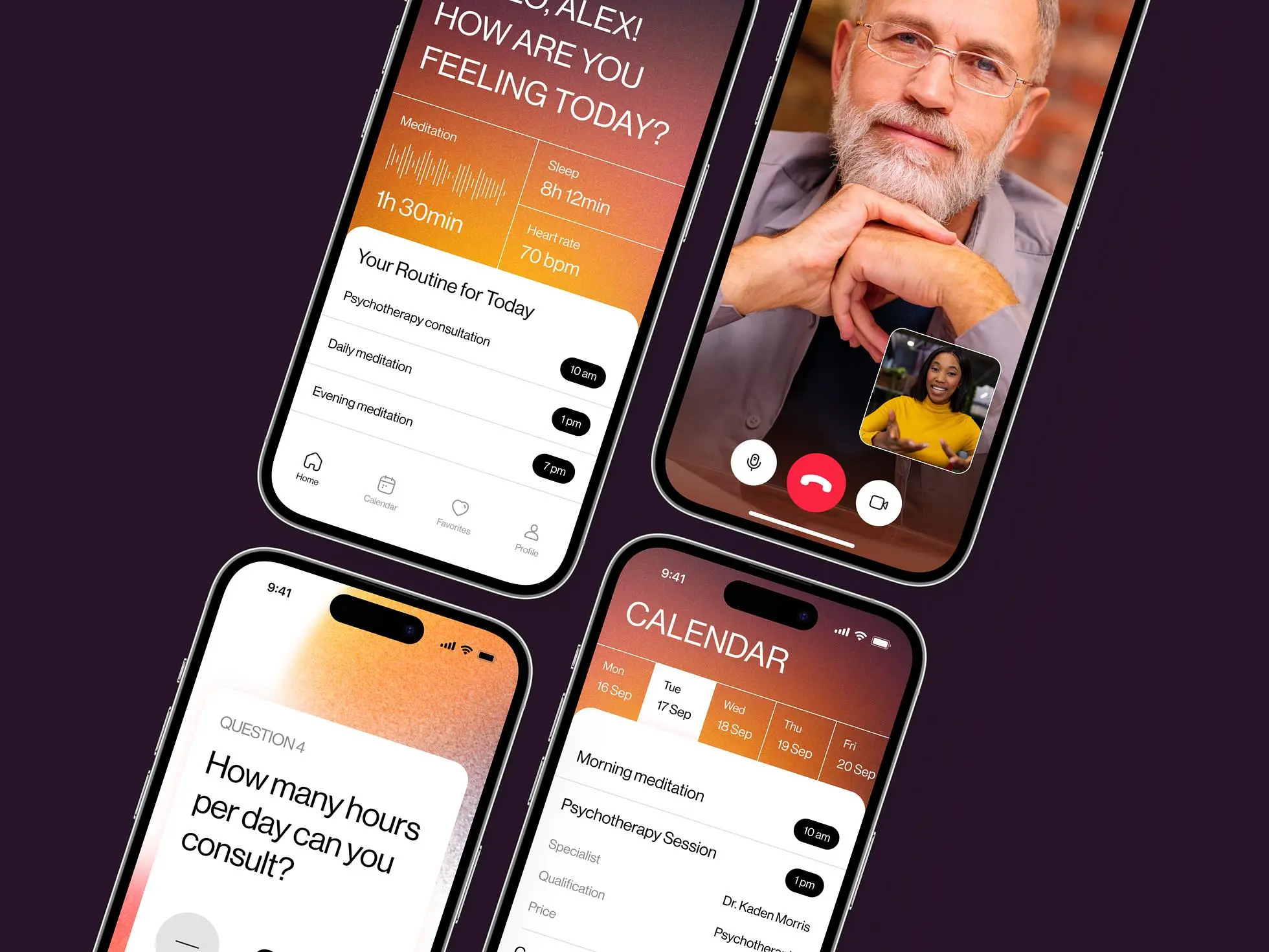 Mental health mobile app design: Screens showing the main design features