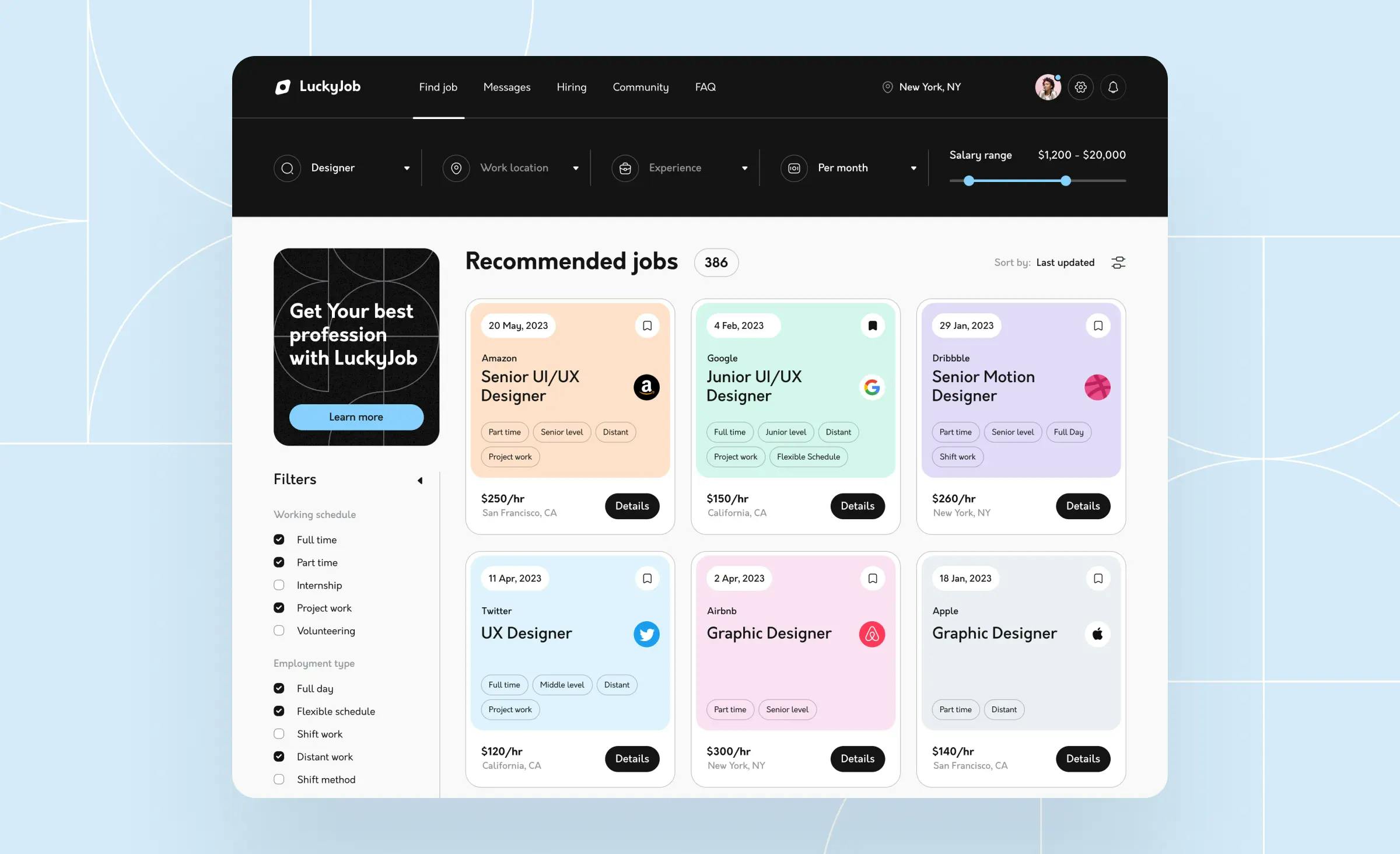 A job search app design concept created by the Ronas IT team. The screenshot features a 'Find Job' page with colorful cards displaying recommended open jobs.