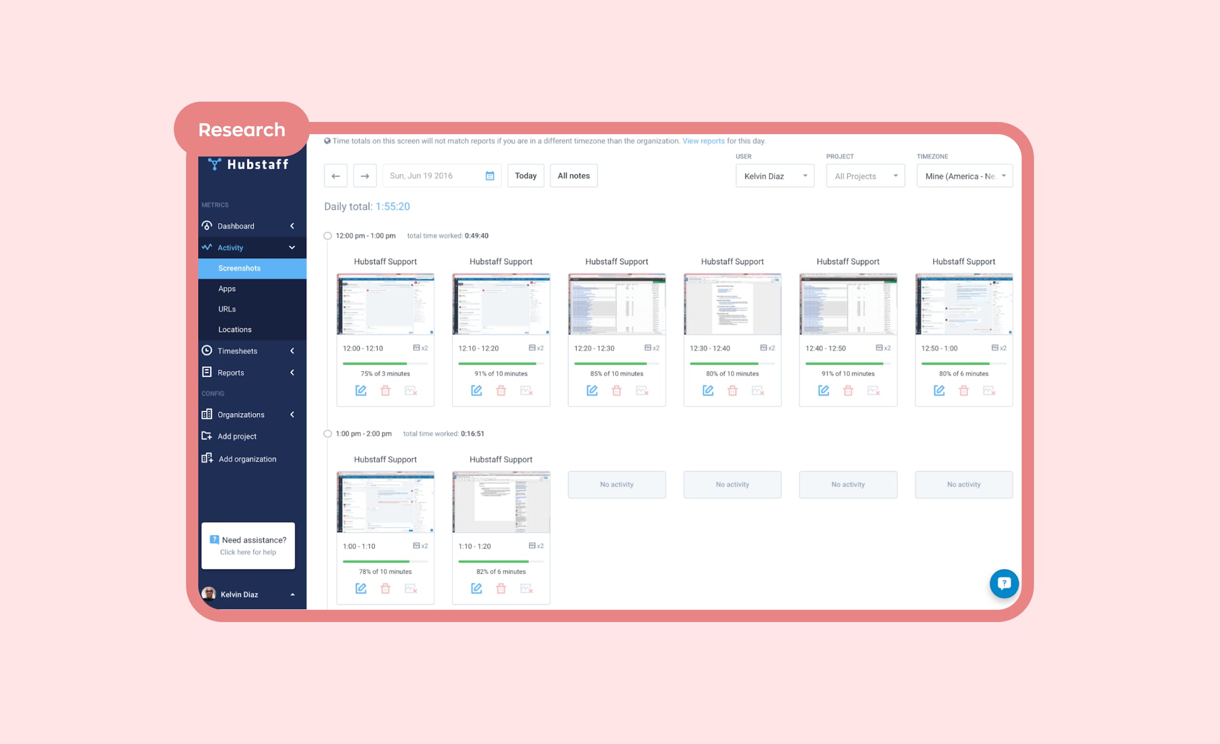 The picture showcases Hubstaff screenshots, providing a visual representation of employees’ activities. The "screenshots" feature allows employers or clients to observe real-time progress of the project through the designers’ screens.