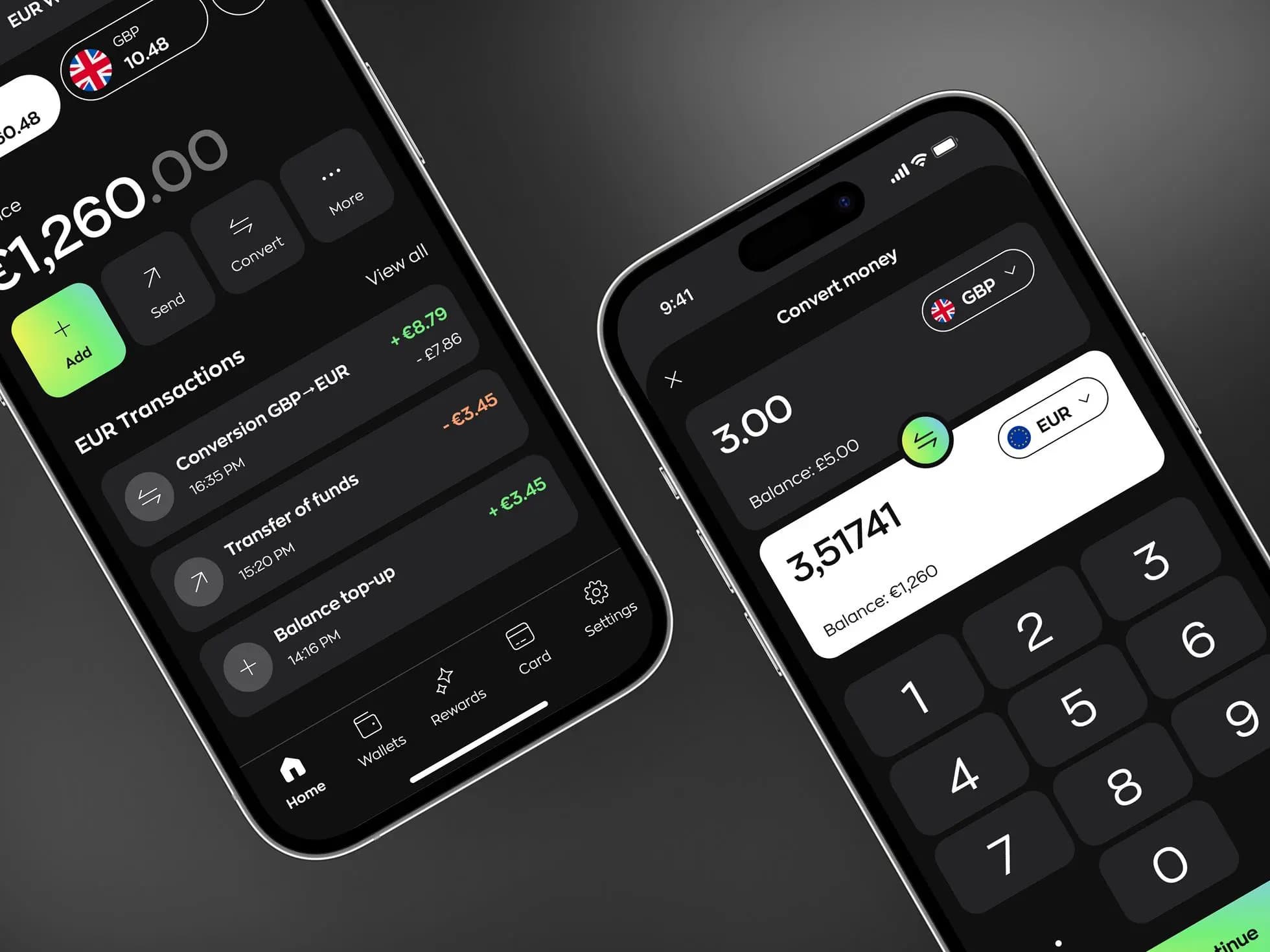 Finance mobile app design concept: Two screens showing the main design features