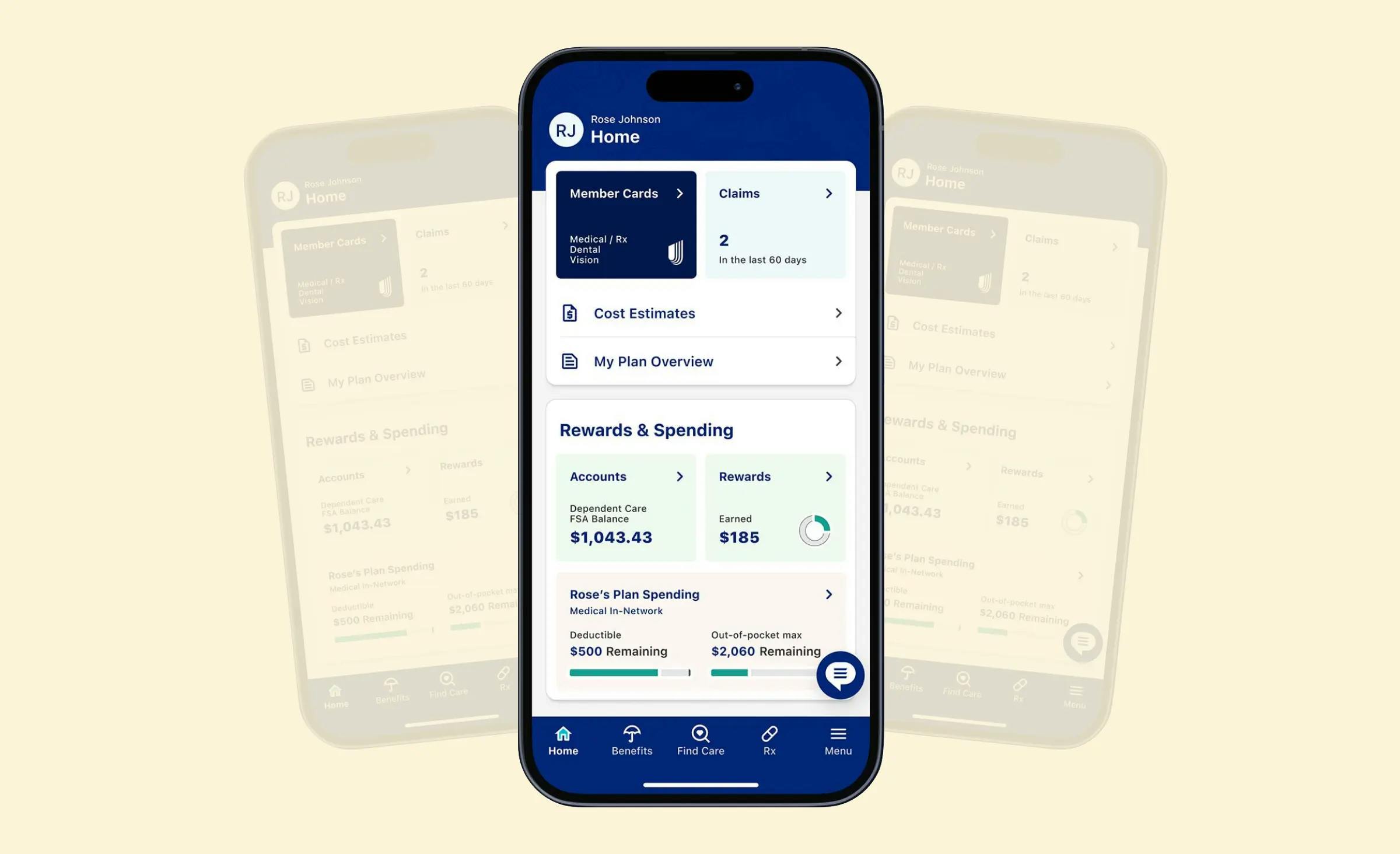A screenshot of the UnitedHealthcare mobile app. The interface displays member cards, the number of claims, rewards, and spending.