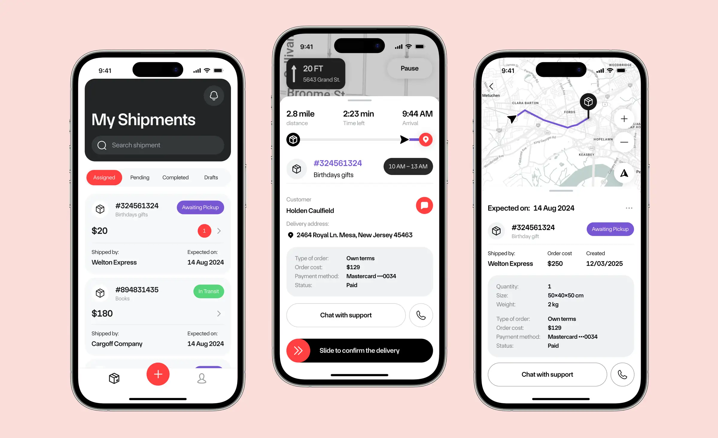 Three smartphone screens showing a delivery management app interface for RPA in logistics and transportation, featuring shipment status, route tracking, estimated delivery, and customer support chat options for a delivery case study.